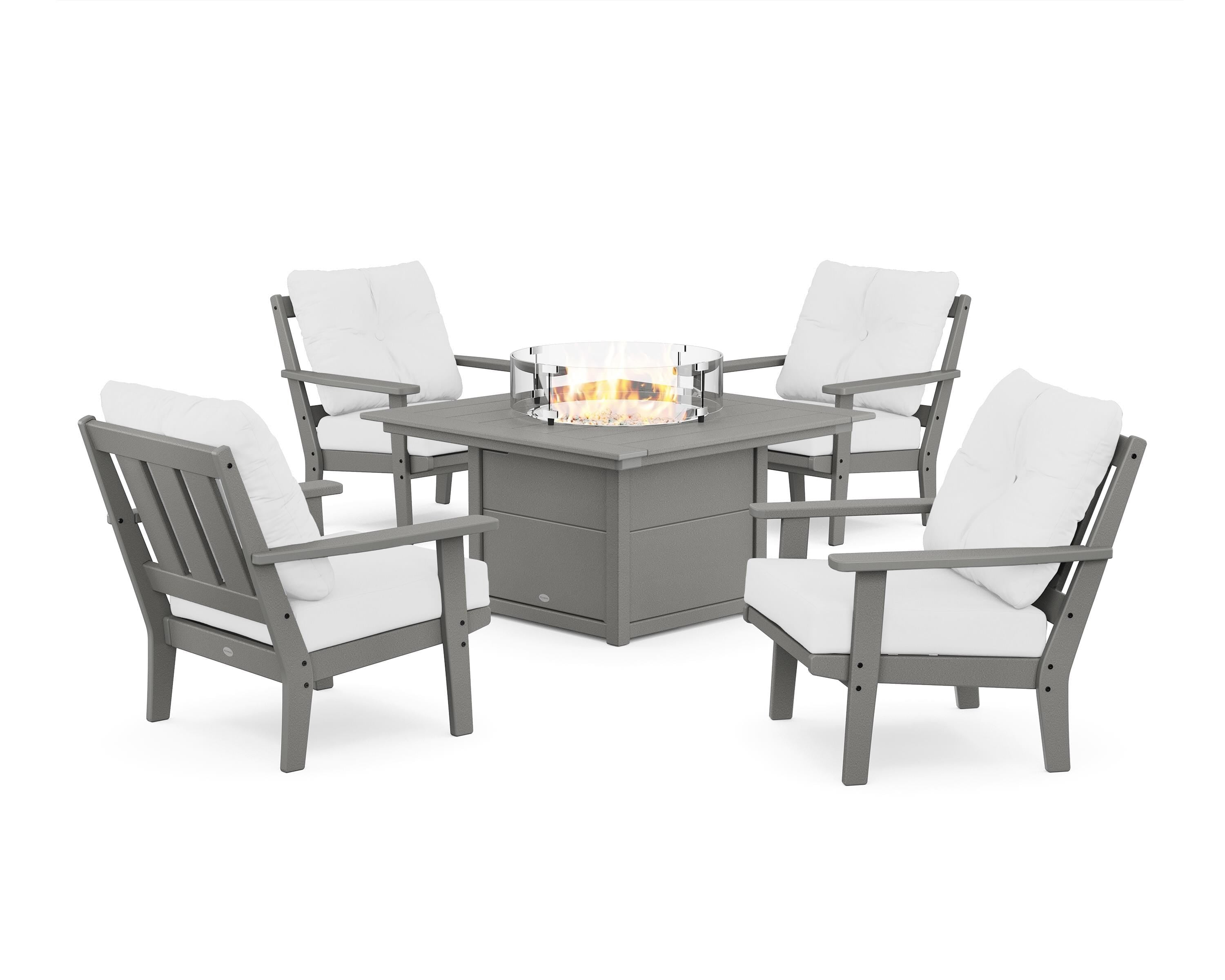 POLYWOOD Oxford 5-Piece Deep Seating Set with Fire Pit Table in Slate Grey / Natural