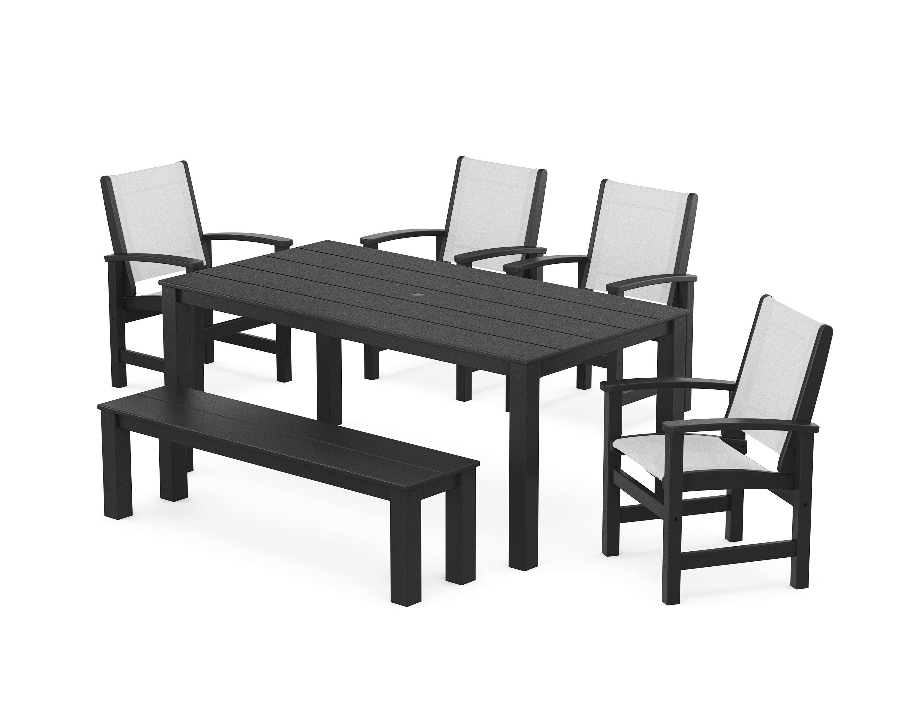 POLYWOOD Coastal 6-Piece Parsons Dining Set with Bench in Black / White Sling