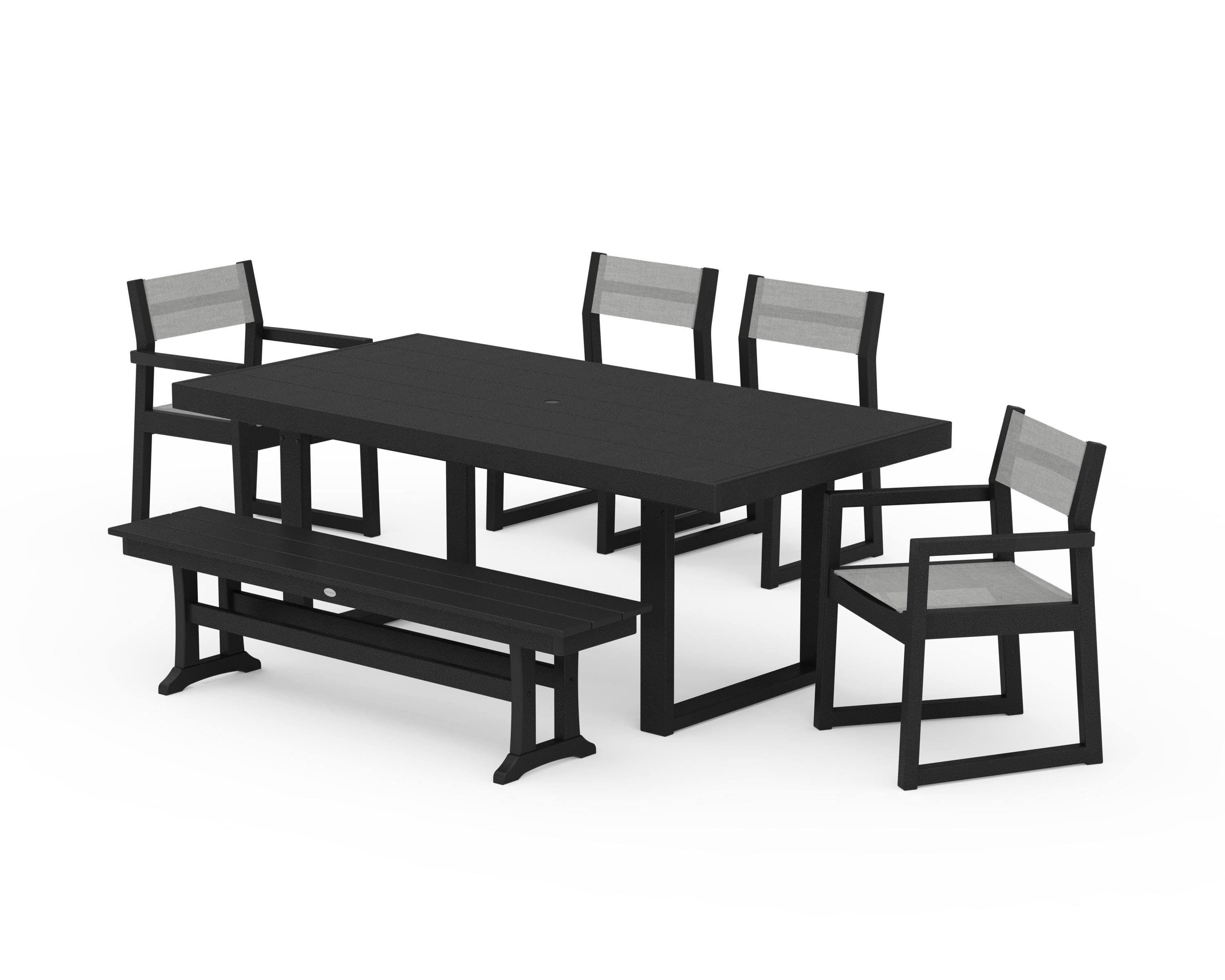 POLYWOOD EDGE Sling 6-Piece Dining Set with Bench in Black / Metallic Sling
