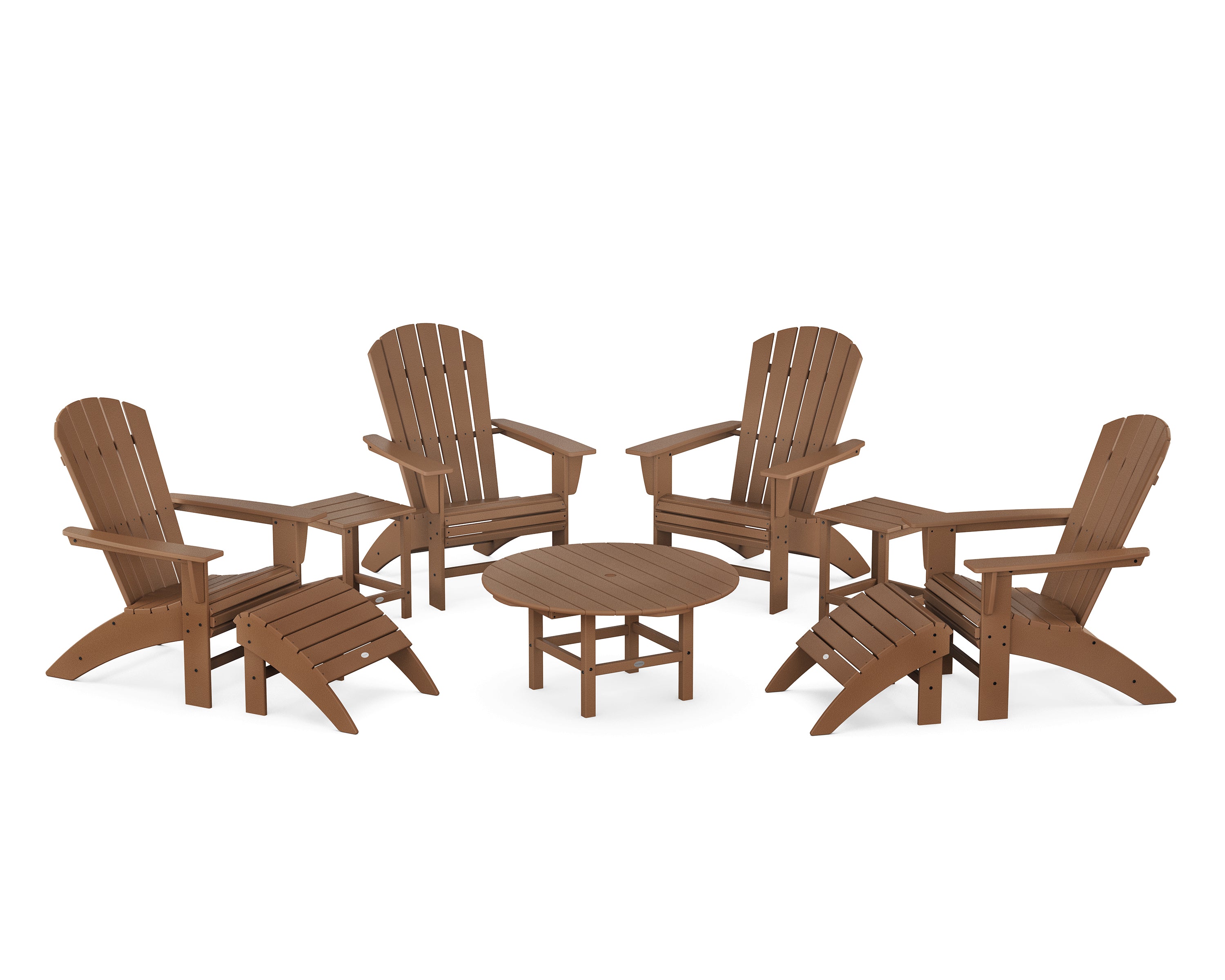 POLYWOOD Nautical Curveback Adirondack Chair 9-Piece Conversation Set in Teak