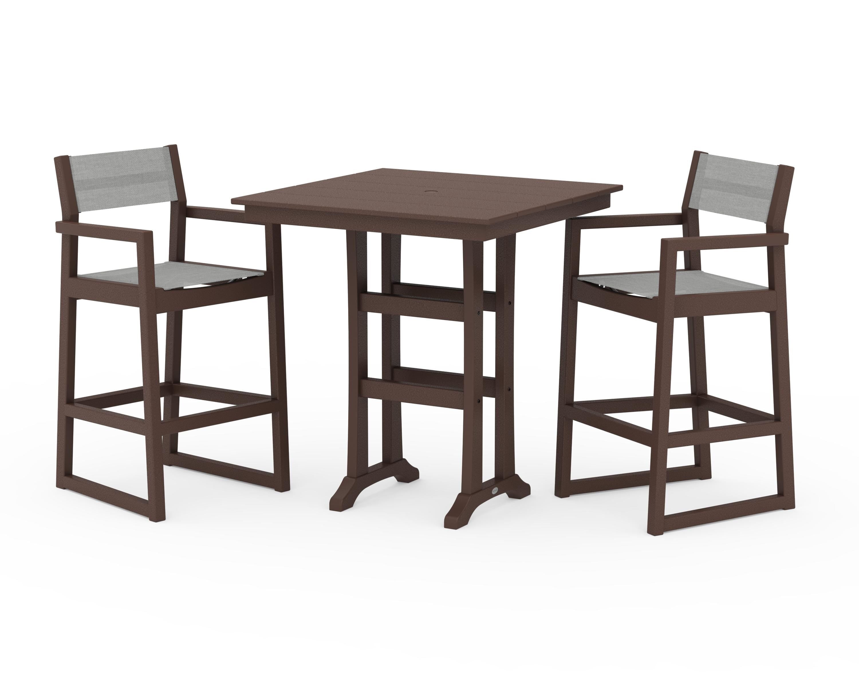 POLYWOOD EDGE Sling Arm Chair 3-Piece Farmhouse Bar Set with Trestle Legs in Mahogany / Metallic Sling