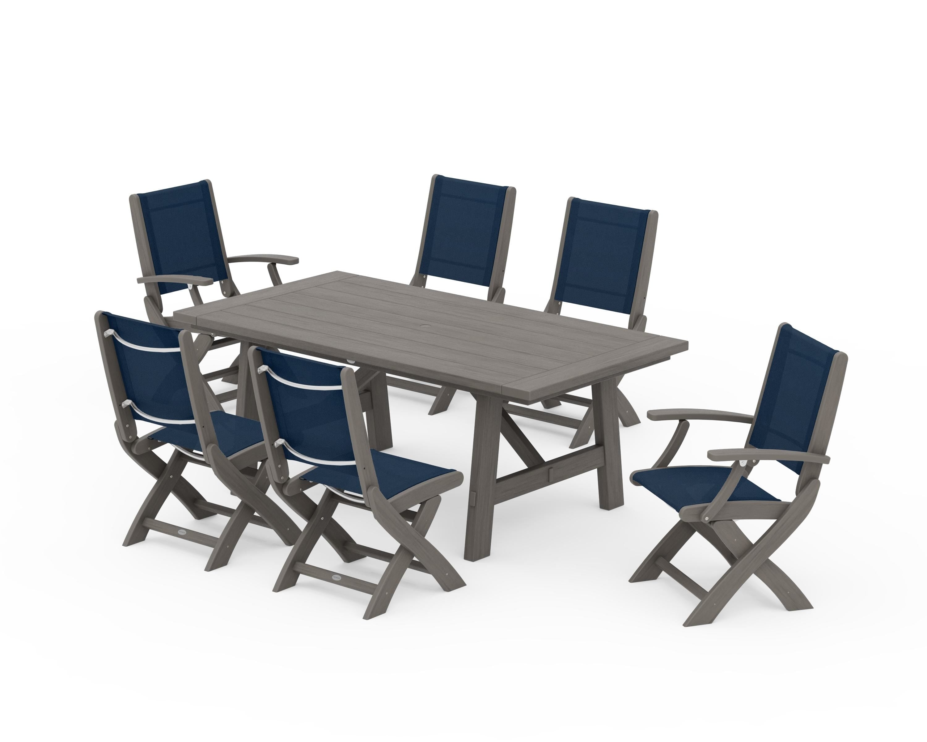 POLYWOOD Coastal Folding Chair 7-Piece Rustic Farmhouse Dining Set in Driftwood / Navy Blue Sling
