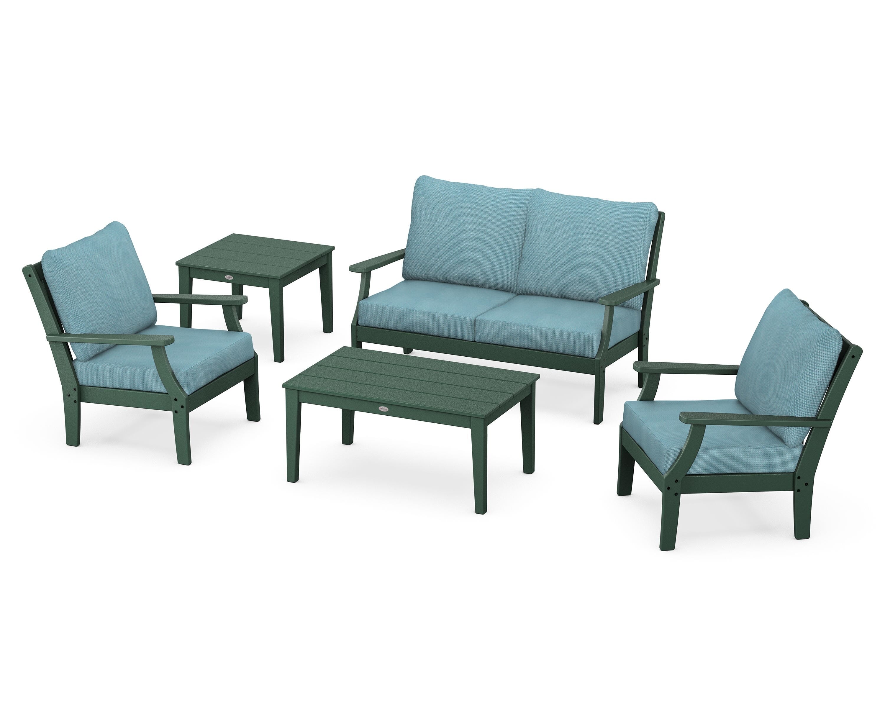 POLYWOOD Braxton 5-Piece Deep Seating Set in Green / Lattice Sky Blue
