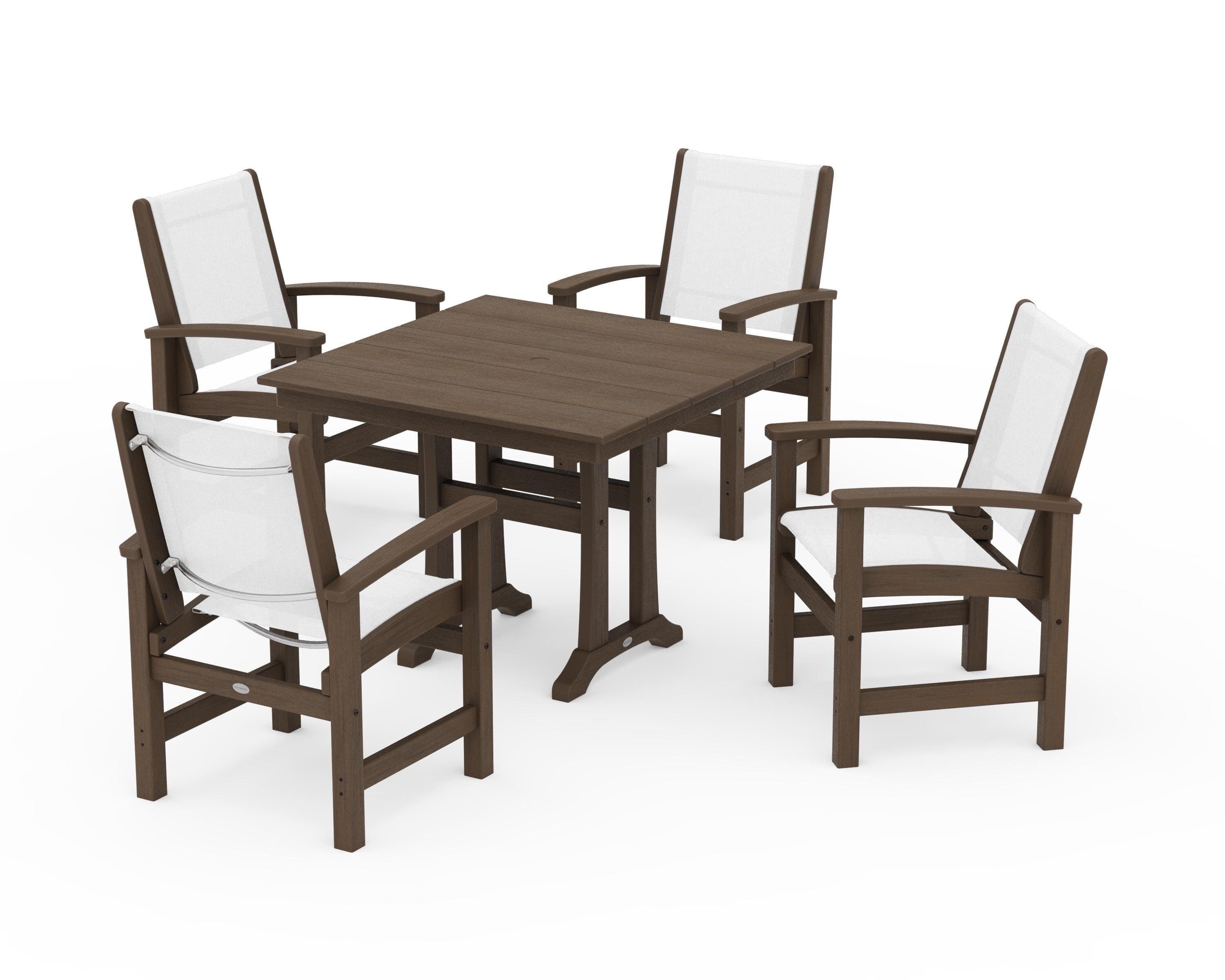 POLYWOOD Coastal 5-Piece Farmhouse Dining Set With Trestle Legs in Kona / White Sling