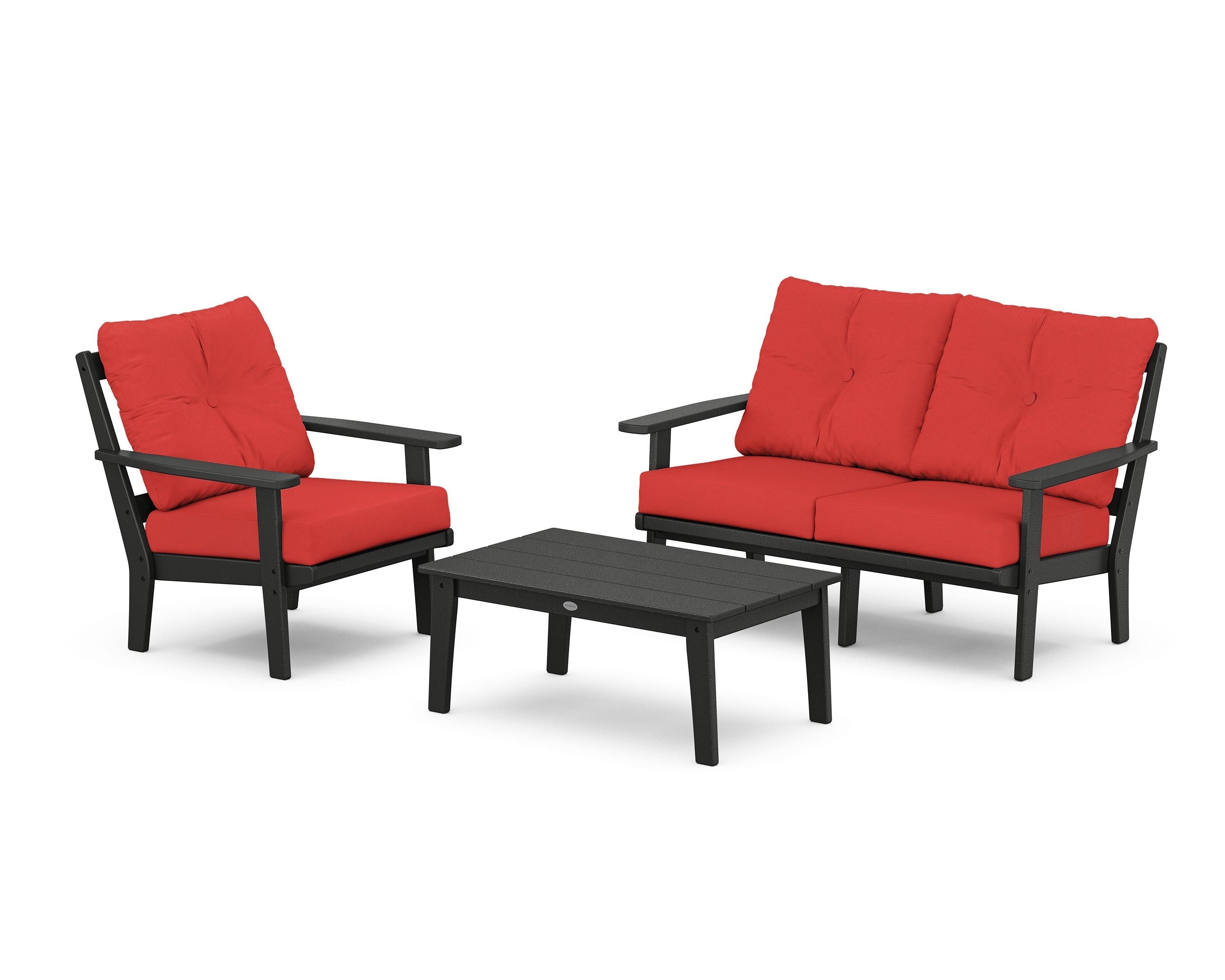 POLYWOOD Oxford 3-Piece Deep Seating Set with Loveseat in Black / Crimson Linen