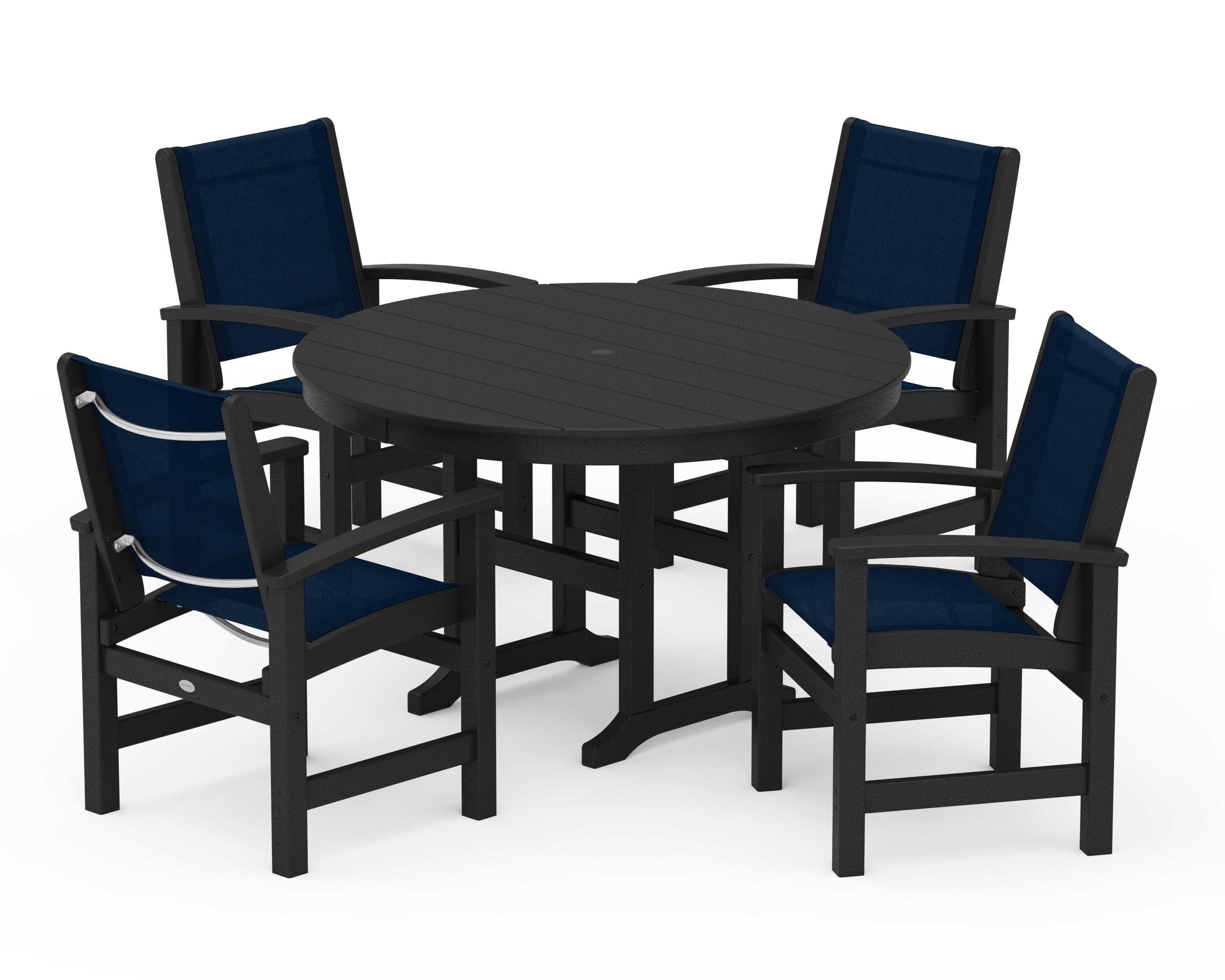 POLYWOOD Coastal 5-Piece Round Farmhouse Dining Set in Black / Navy Blue Sling
