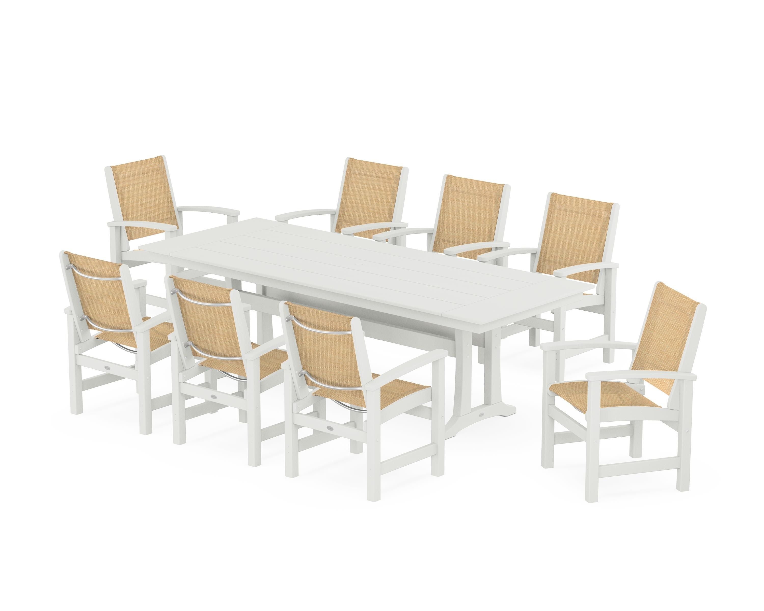 POLYWOOD Coastal 9-Piece Farmhouse Dining Set with Trestle Legs in Vintage White / Dupioni Apricot Sling