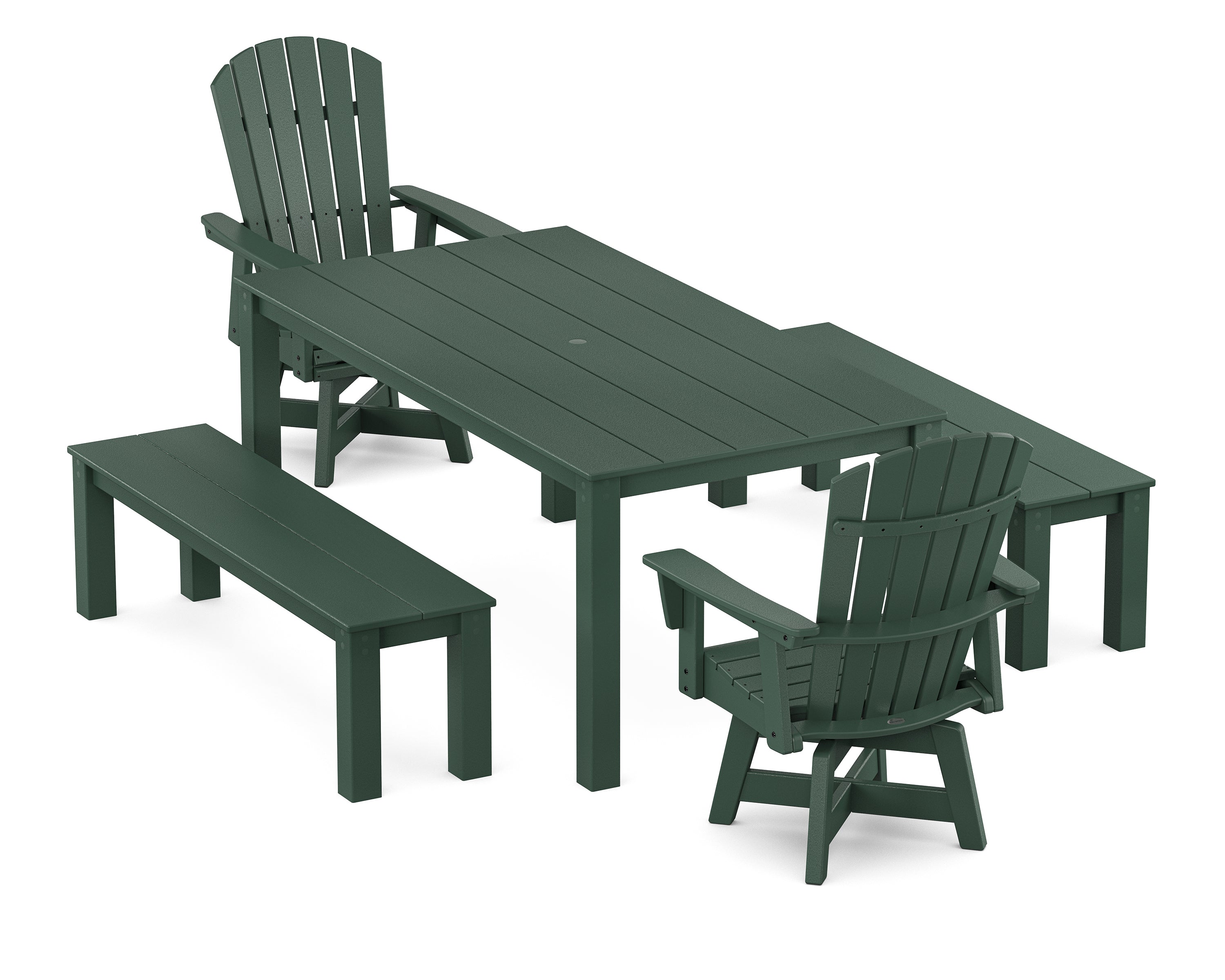 POLYWOOD Nautical Curveback Adirondack Swivel 5-Piece Parsons Dining Set with Benches in Green