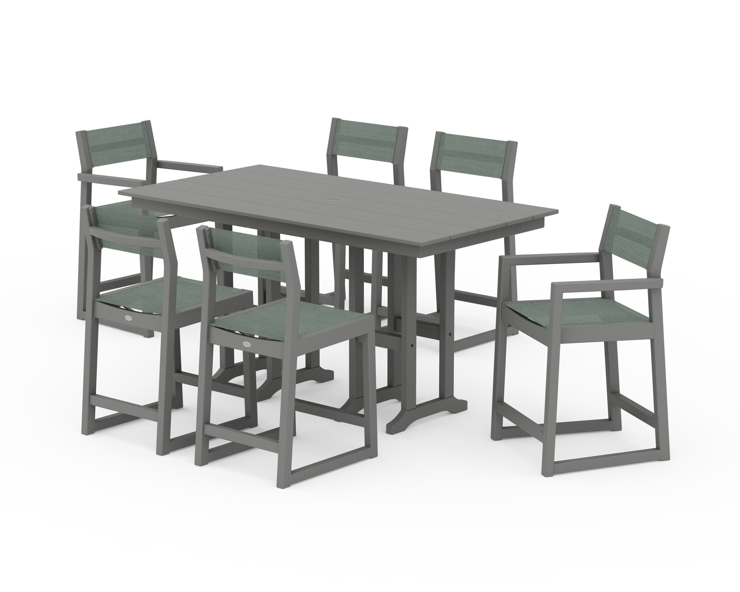 POLYWOOD EDGE Sling 7-Piece Farmhouse Counter Set in Slate Grey / Dupioni Sea Mist Sling