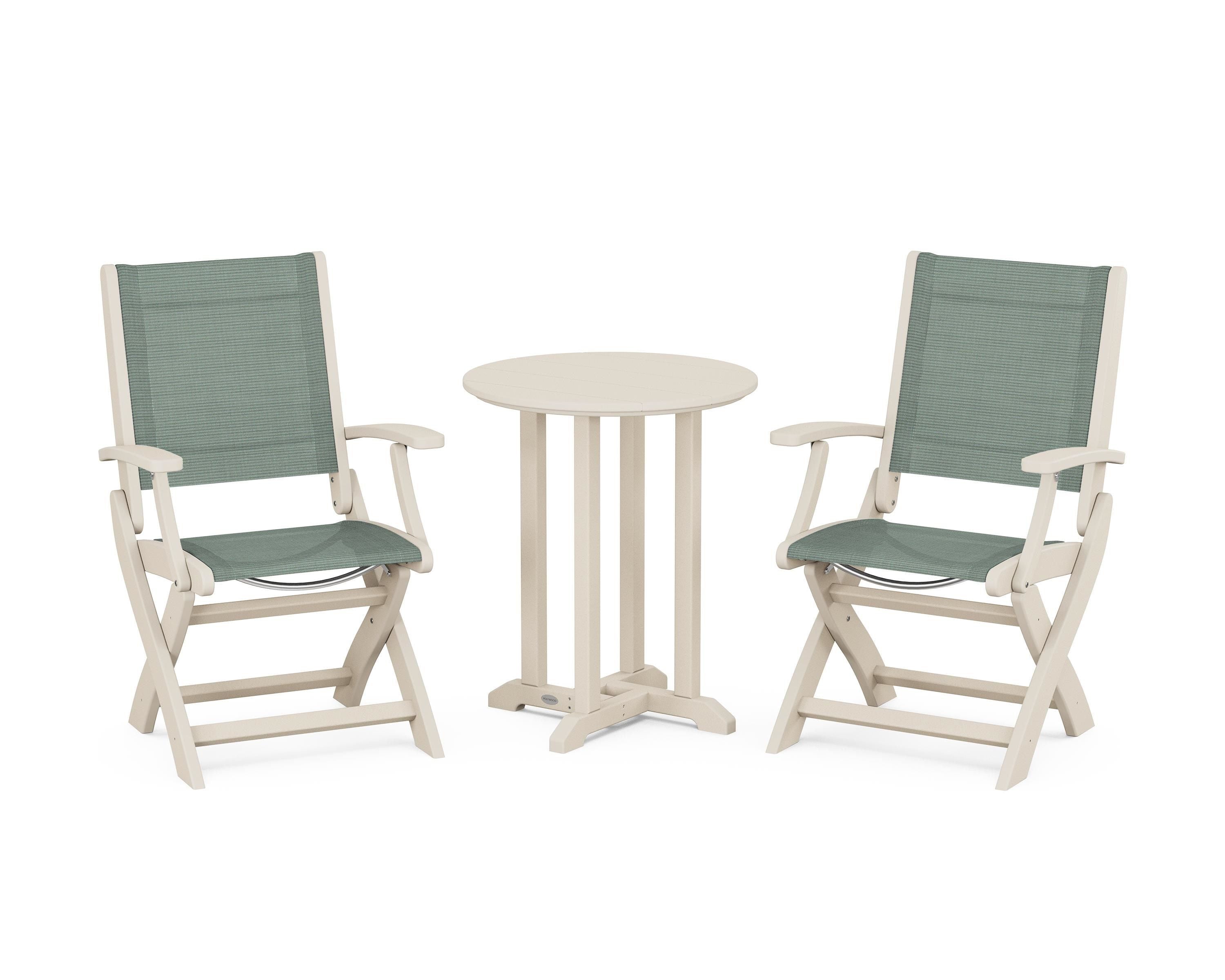 POLYWOOD Coastal Folding 3-Piece Round Bistro Dining Set in Sand / Dupioni Sea Mist Sling