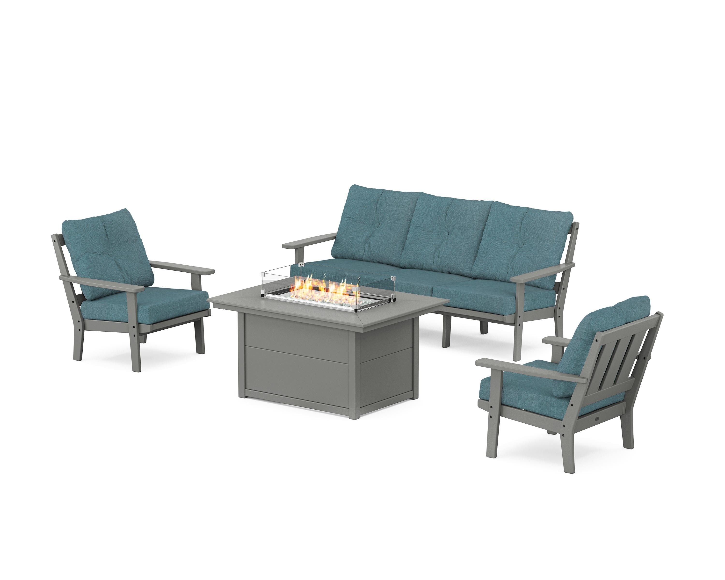 POLYWOOD Oxford Deep Seating Fire Pit Table Set in Slate Grey / Ocean Teal