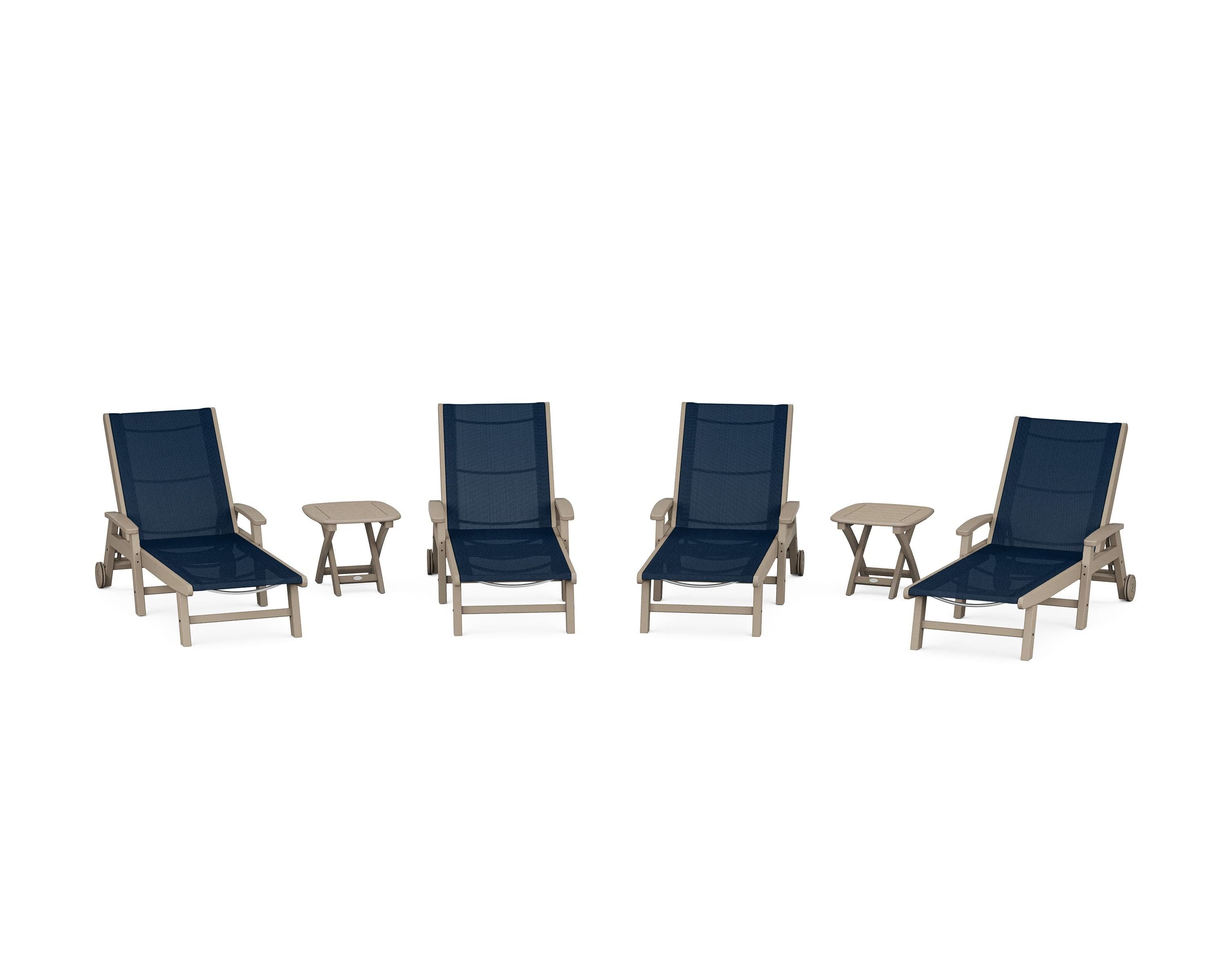 POLYWOOD Coastal Chaise 6-Piece Set with Wheels in Vintage Sahara / Navy Blue Sling