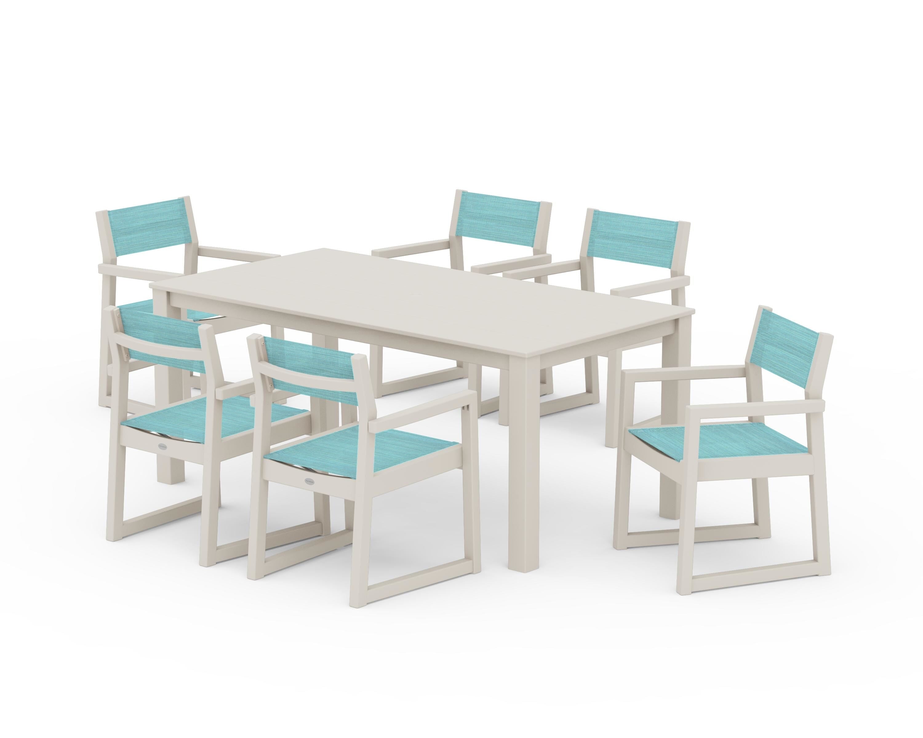 POLYWOOD EDGE Sling Arm Chair 7-Piece Parsons Dining Set in Sand / Dupioni Aquamarine Sling