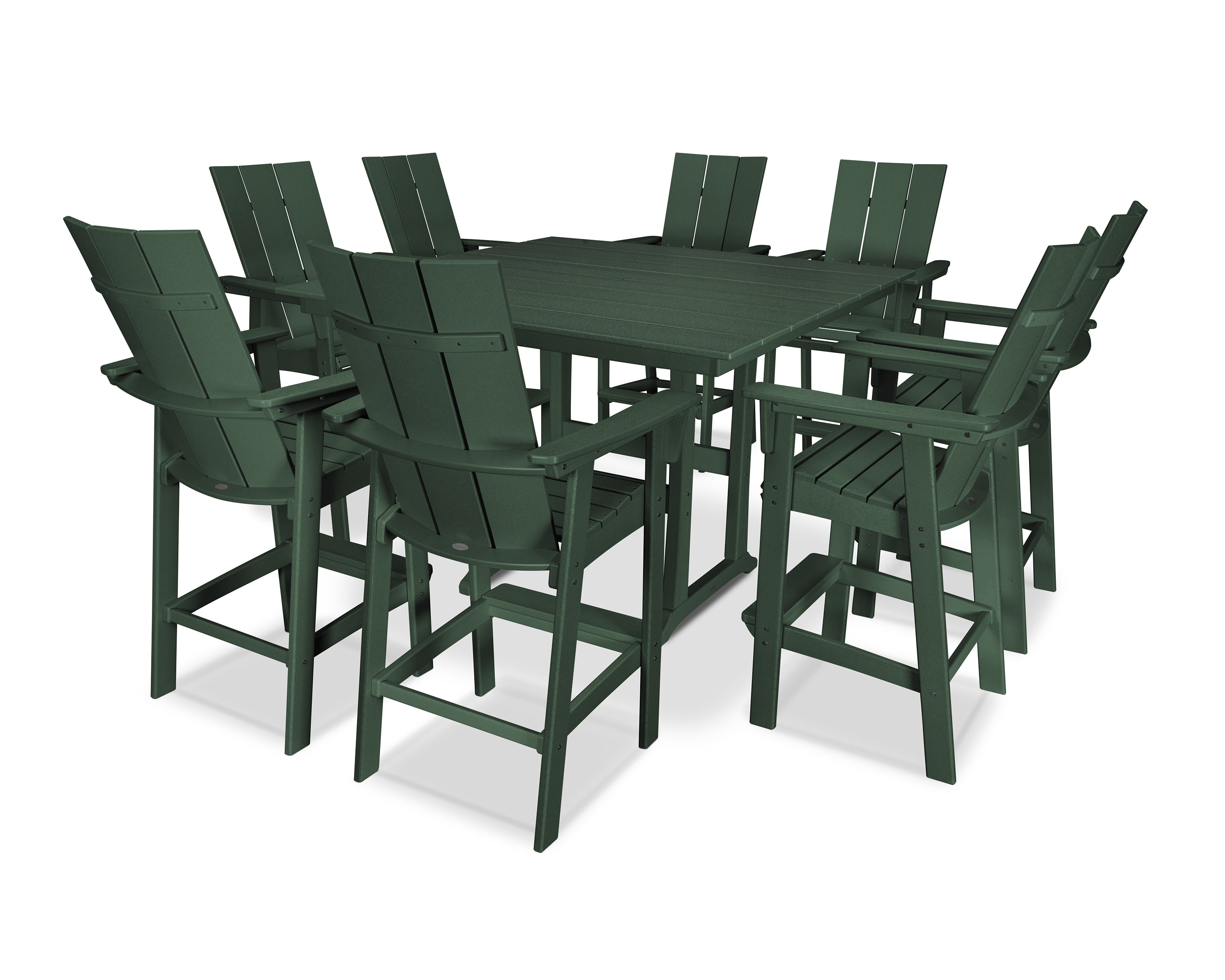 POLYWOOD® Modern Curveback Adirondack 9-Piece Farmhouse Trestle Bar Set in Green