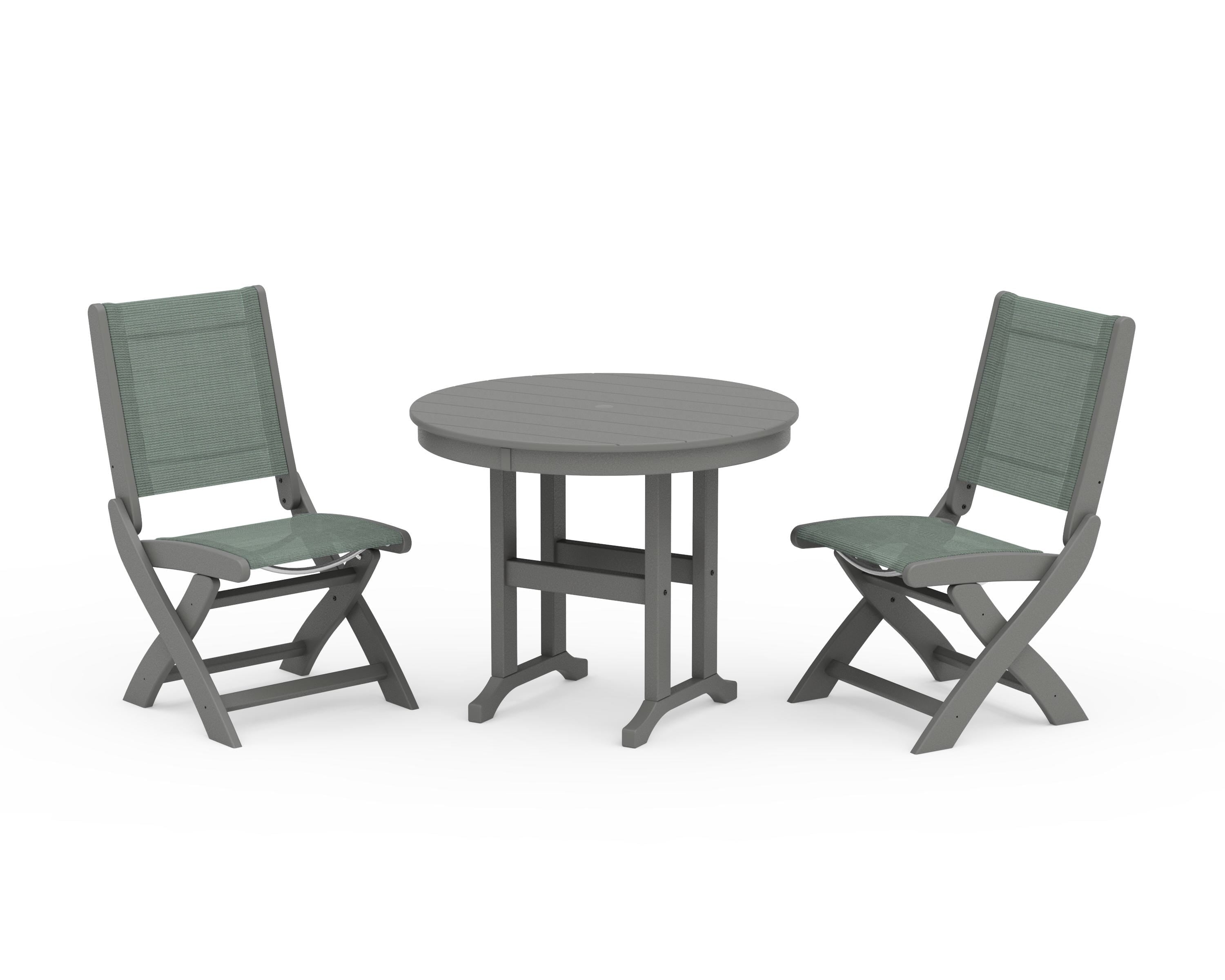 POLYWOOD Coastal Folding Side Chair 3-Piece Round Dining Set in Slate Grey / Dupioni Sea Mist Sling