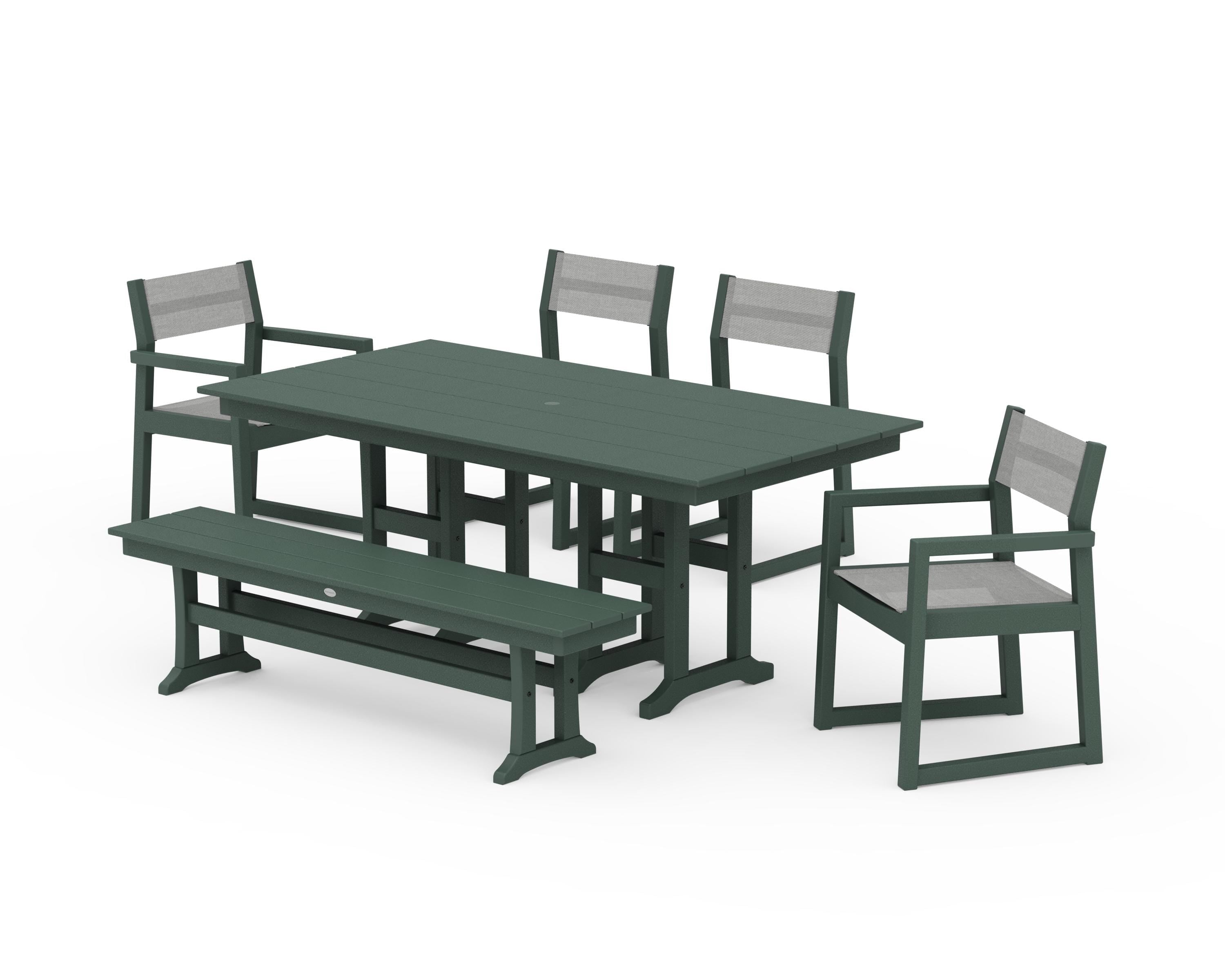 POLYWOOD EDGE Sling 6-Piece Farmhouse Dining Set in Green / Metallic Sling