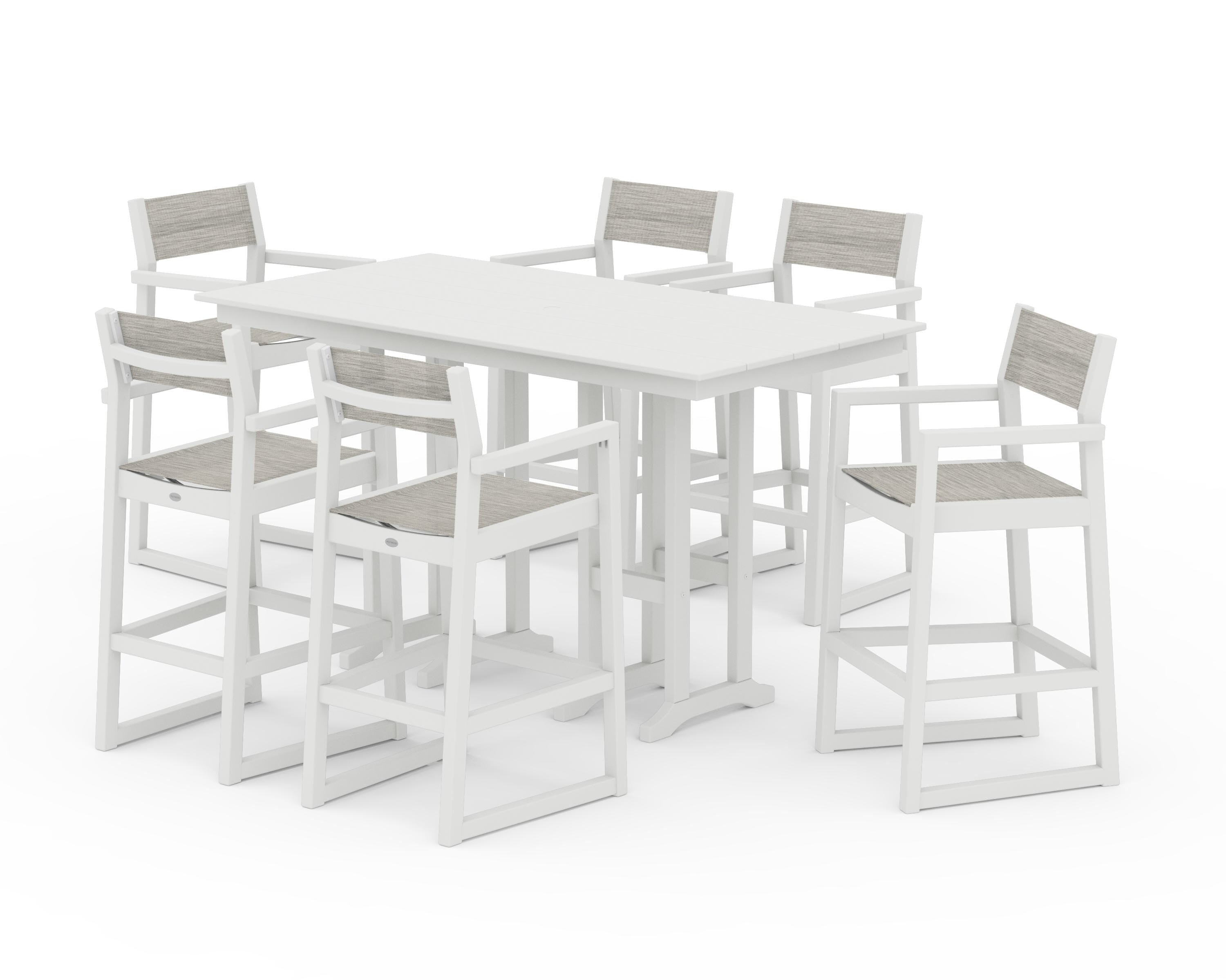 POLYWOOD EDGE Sling Arm Chair 7-Piece Farmhouse Bar Set in Vintage White / Birch Sling