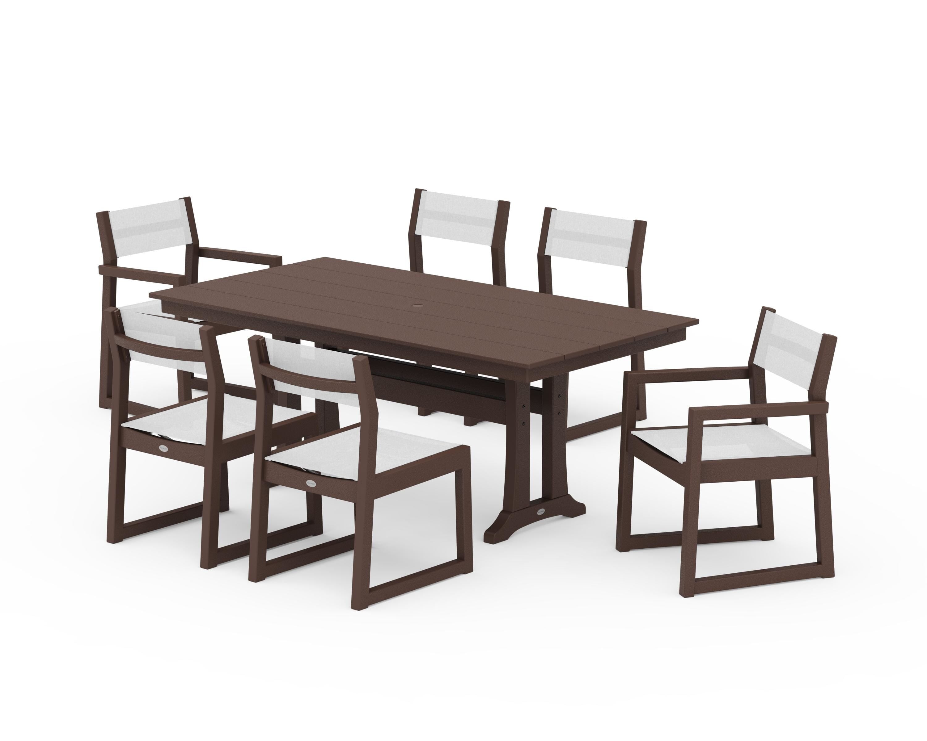 POLYWOOD EDGE Sling 7-Piece Farmhouse Trestle Dining Set in Mahogany / White Sling