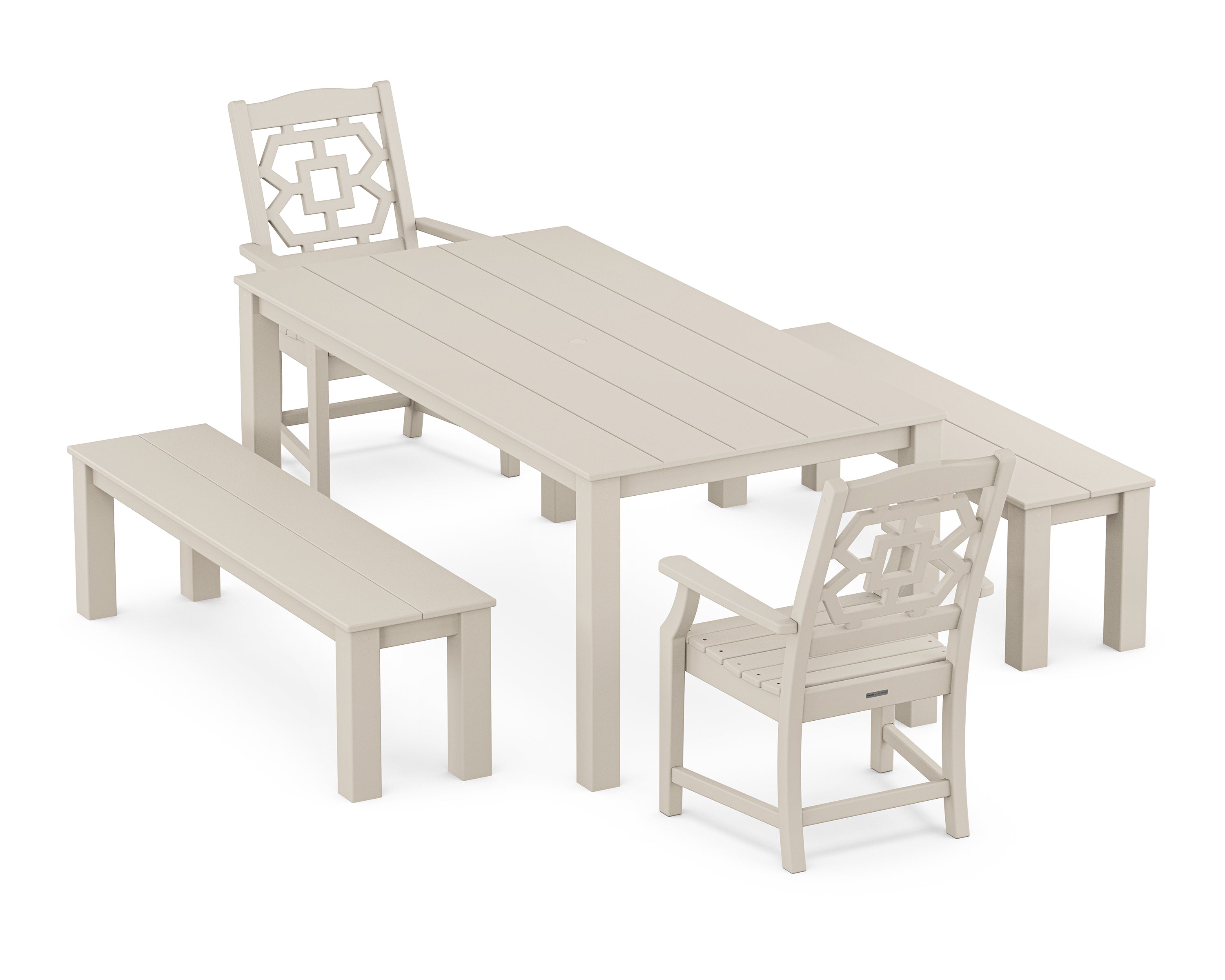 Martha Stewart by POLYWOOD Chinoiserie 5-Piece Parsons Dining Set with Benches in Sand