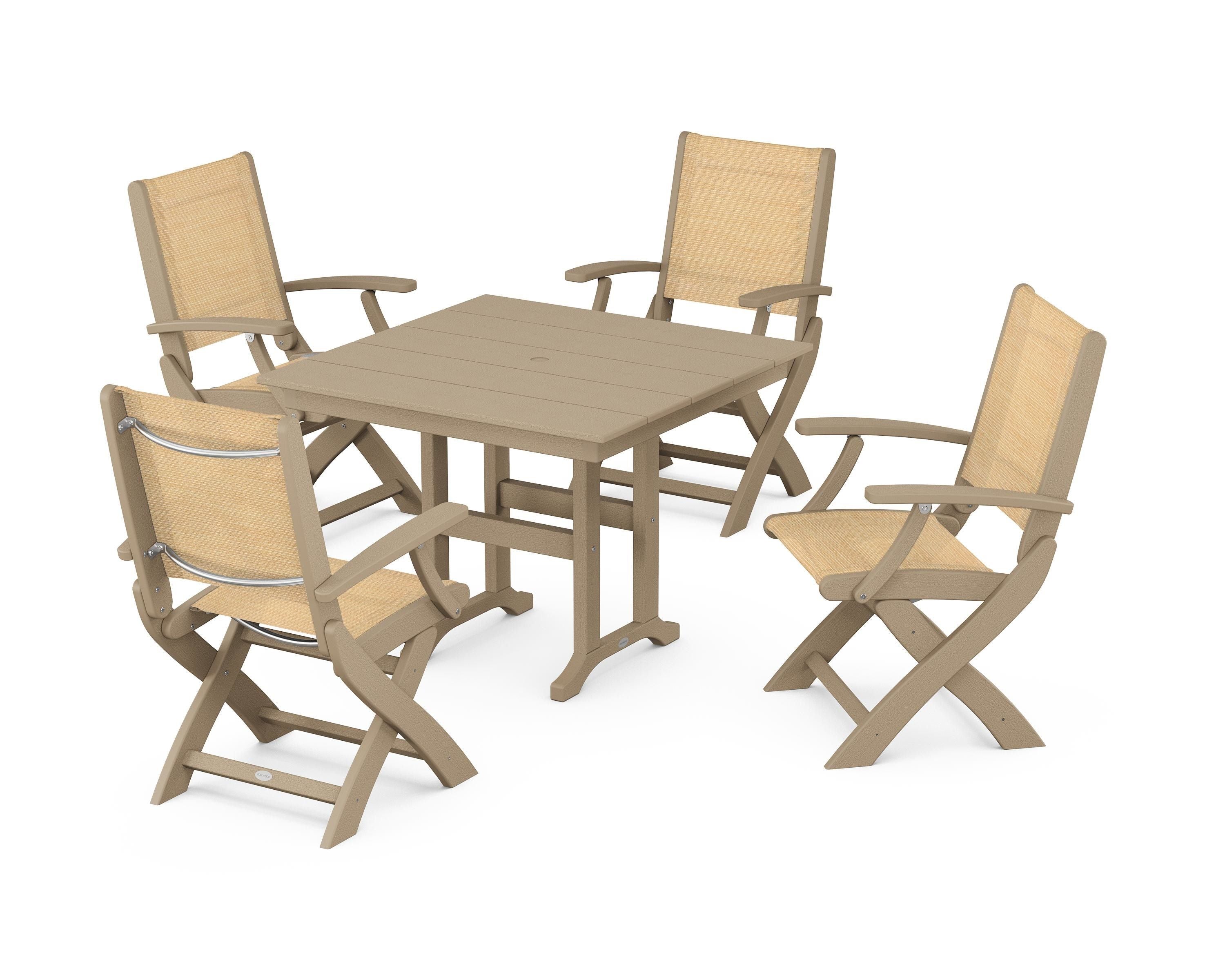 POLYWOOD Coastal Folding Chair 5-Piece Farmhouse Dining Set in Vintage Sahara / Dupioni Apricot Sling