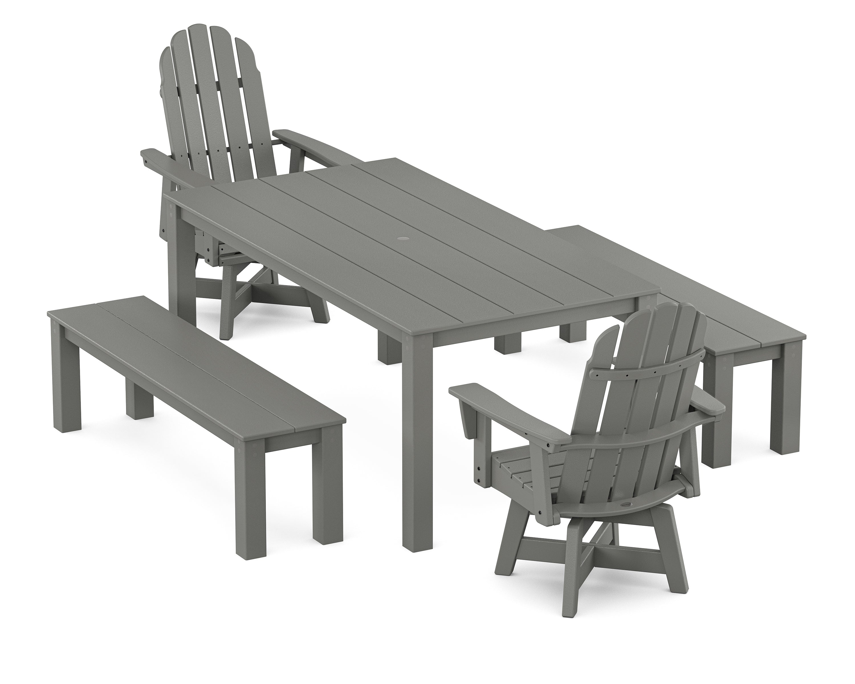 POLYWOOD® Vineyard Curveback Adirondack 5-Piece Parsons Swivel Dining Set with Benches in Slate Grey