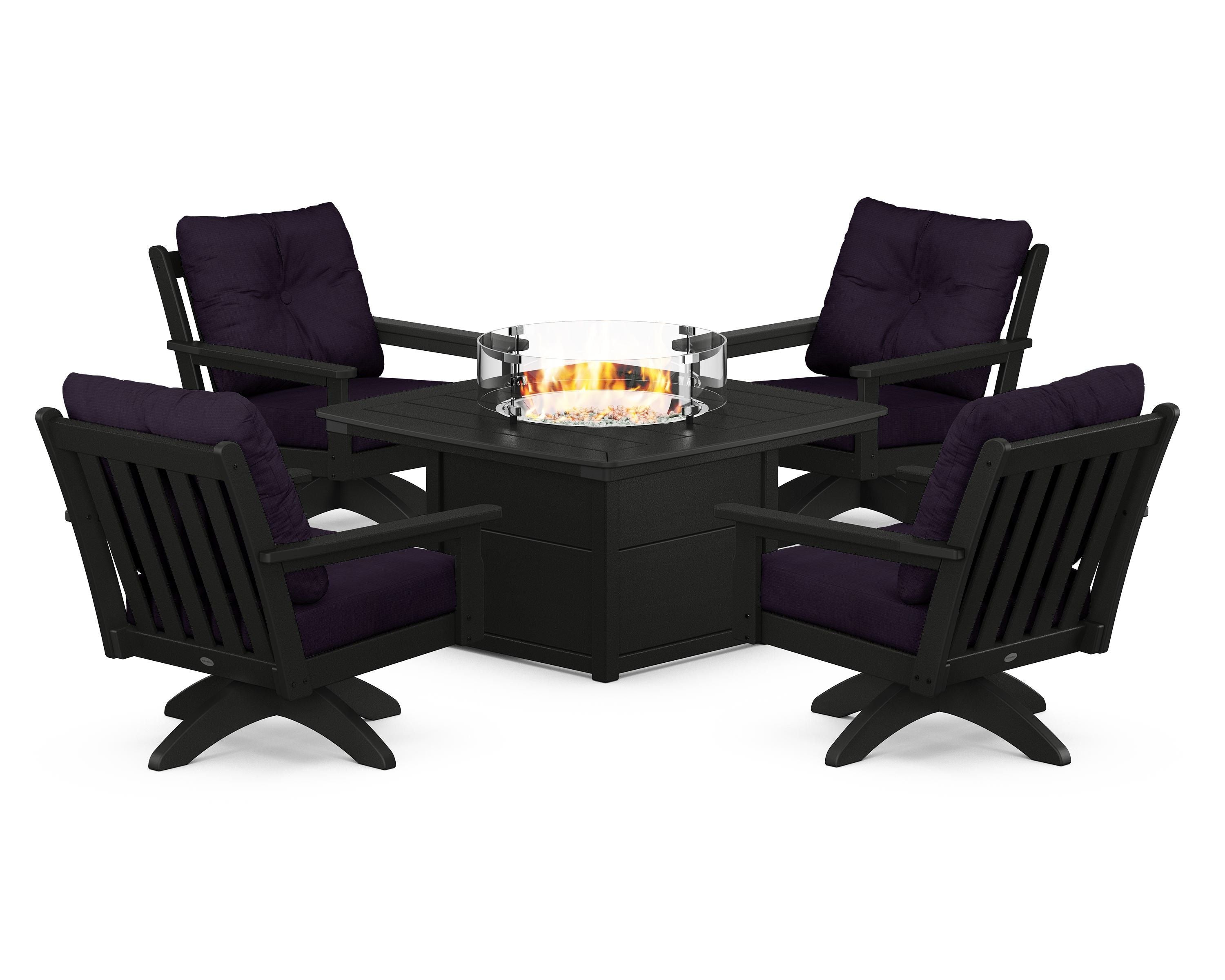 POLYWOOD Vineyard 5-Piece Deep Seating Swivel Conversation Set with Fire Pit Table in Black / Navy Linen