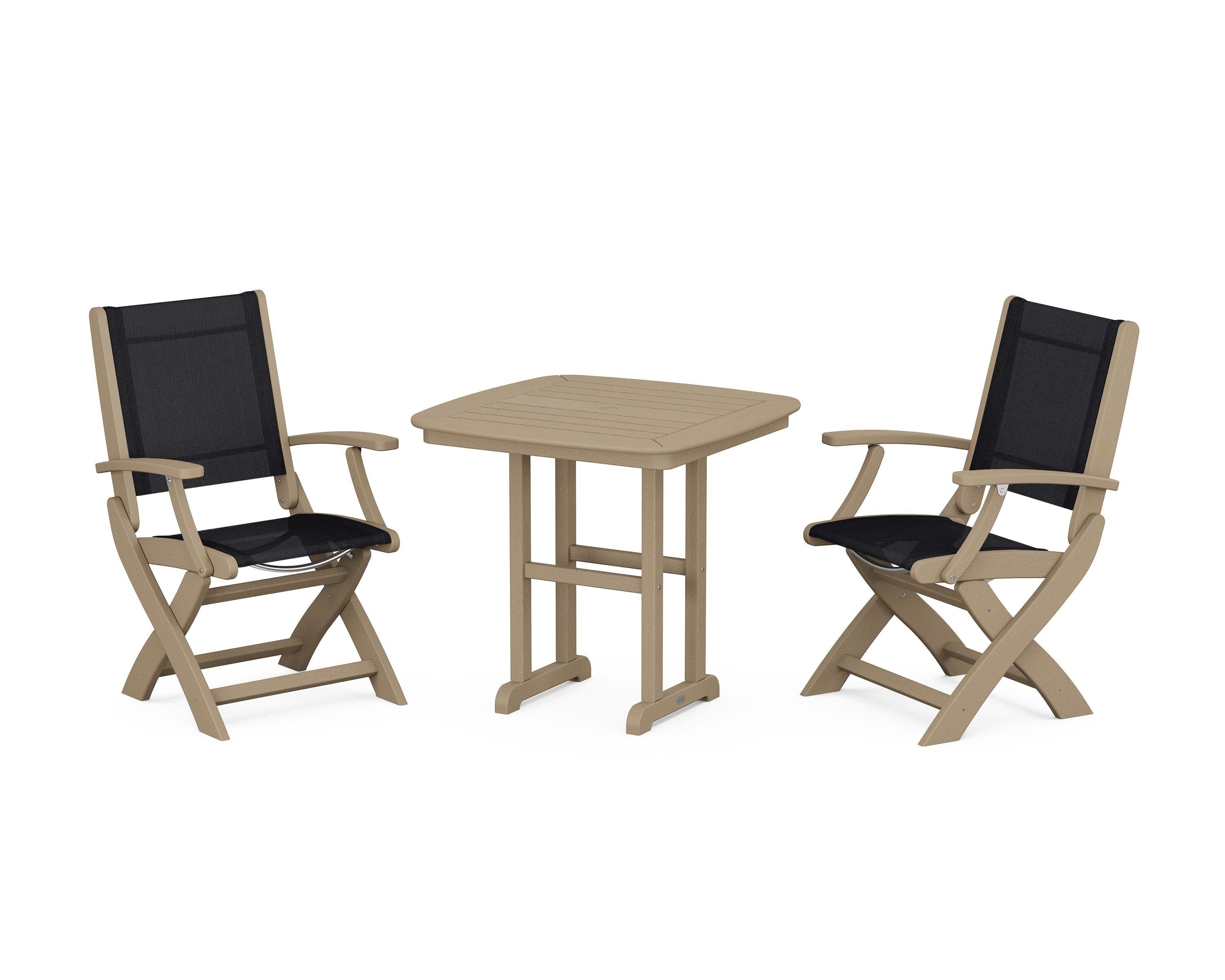 POLYWOOD Coastal Folding Chair 3-Piece Dining Set in Vintage Sahara / Black Sling