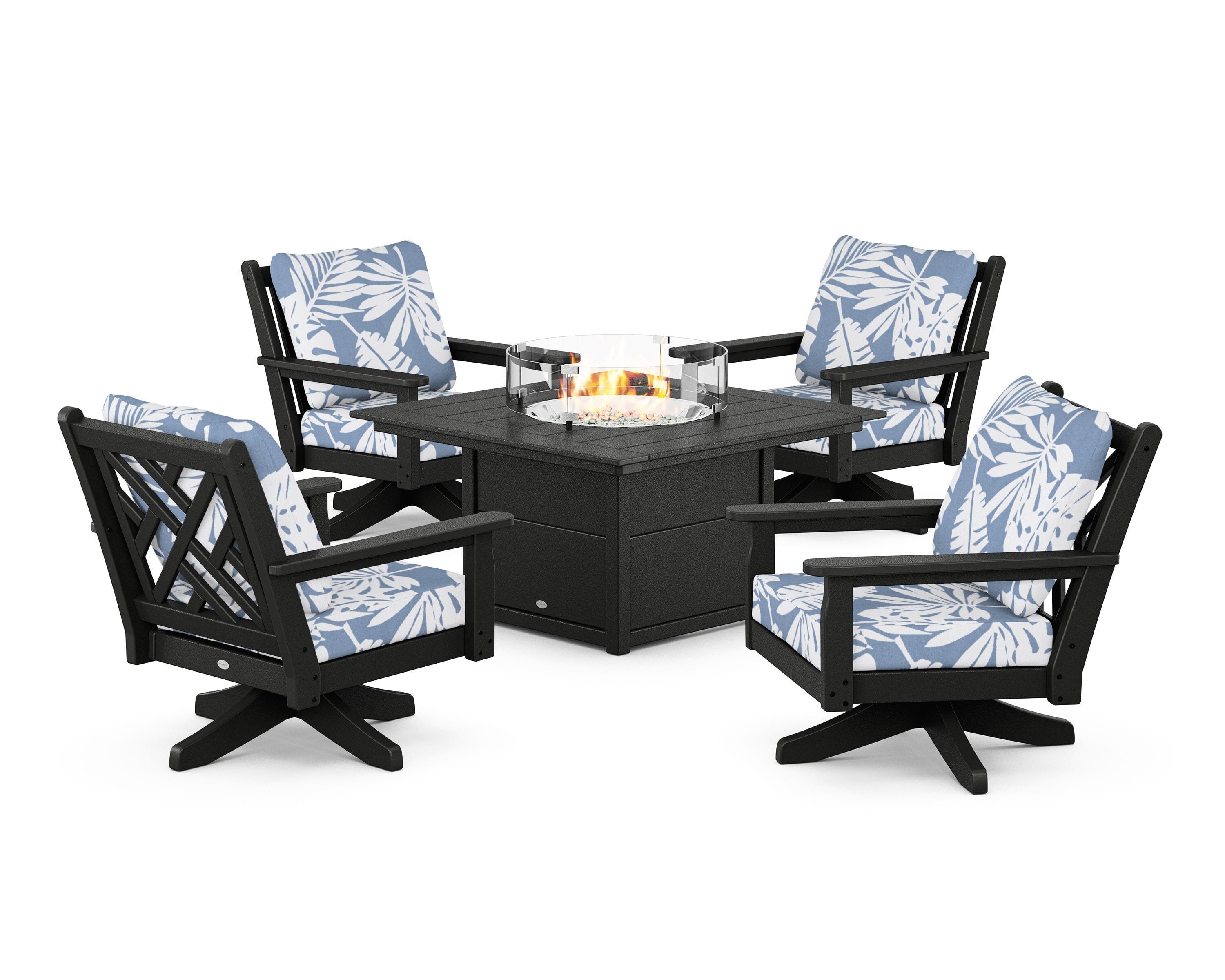 POLYWOOD Chippendale 5-Piece Deep Seating Swivel Conversation Set with Fire Pit Table in Black / Leaf Sky Blue