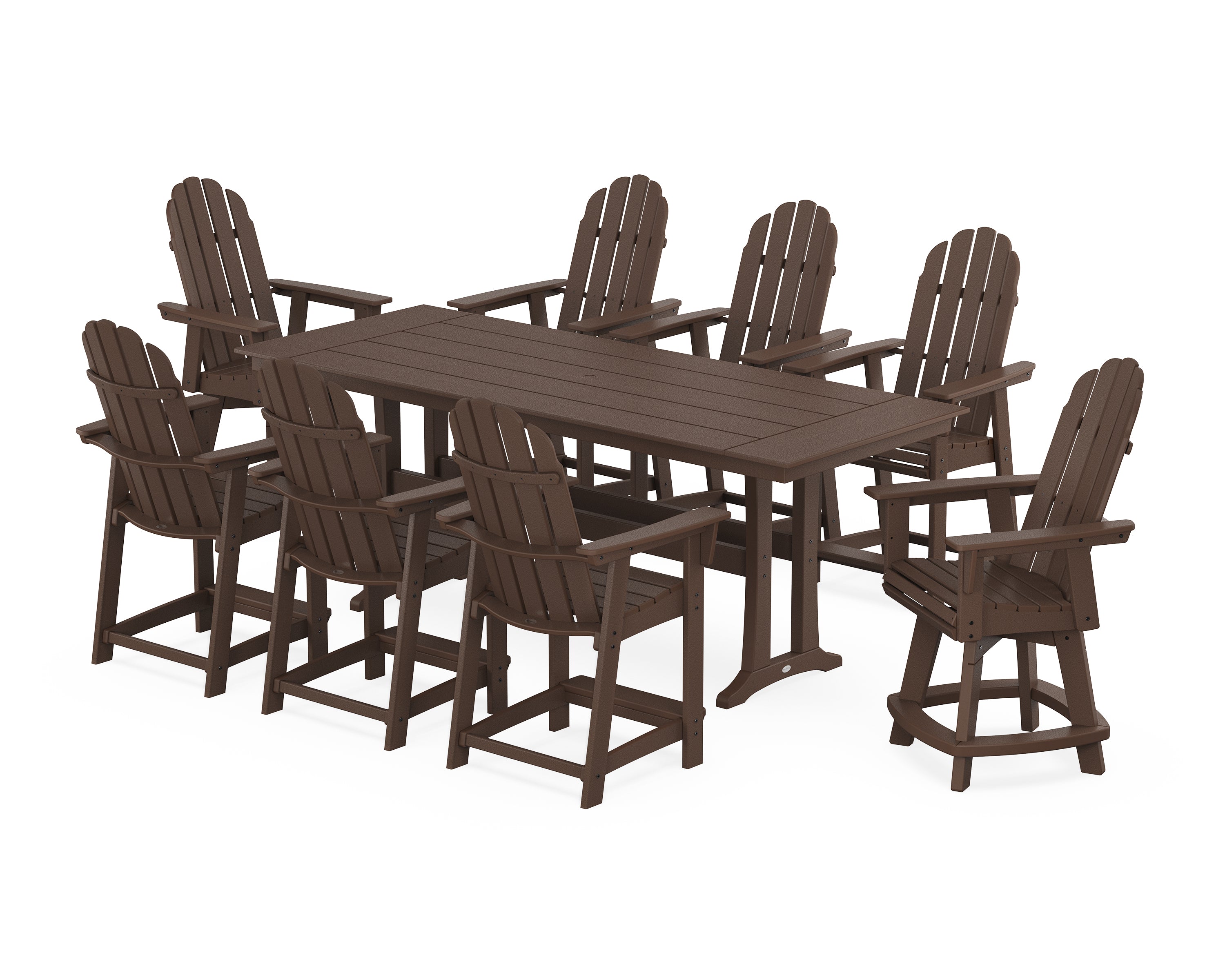 POLYWOOD Vineyard Curveback Adirondack Swivel 9-Piece Farmhouse Counter Set with Trestle Legs in Mahogany