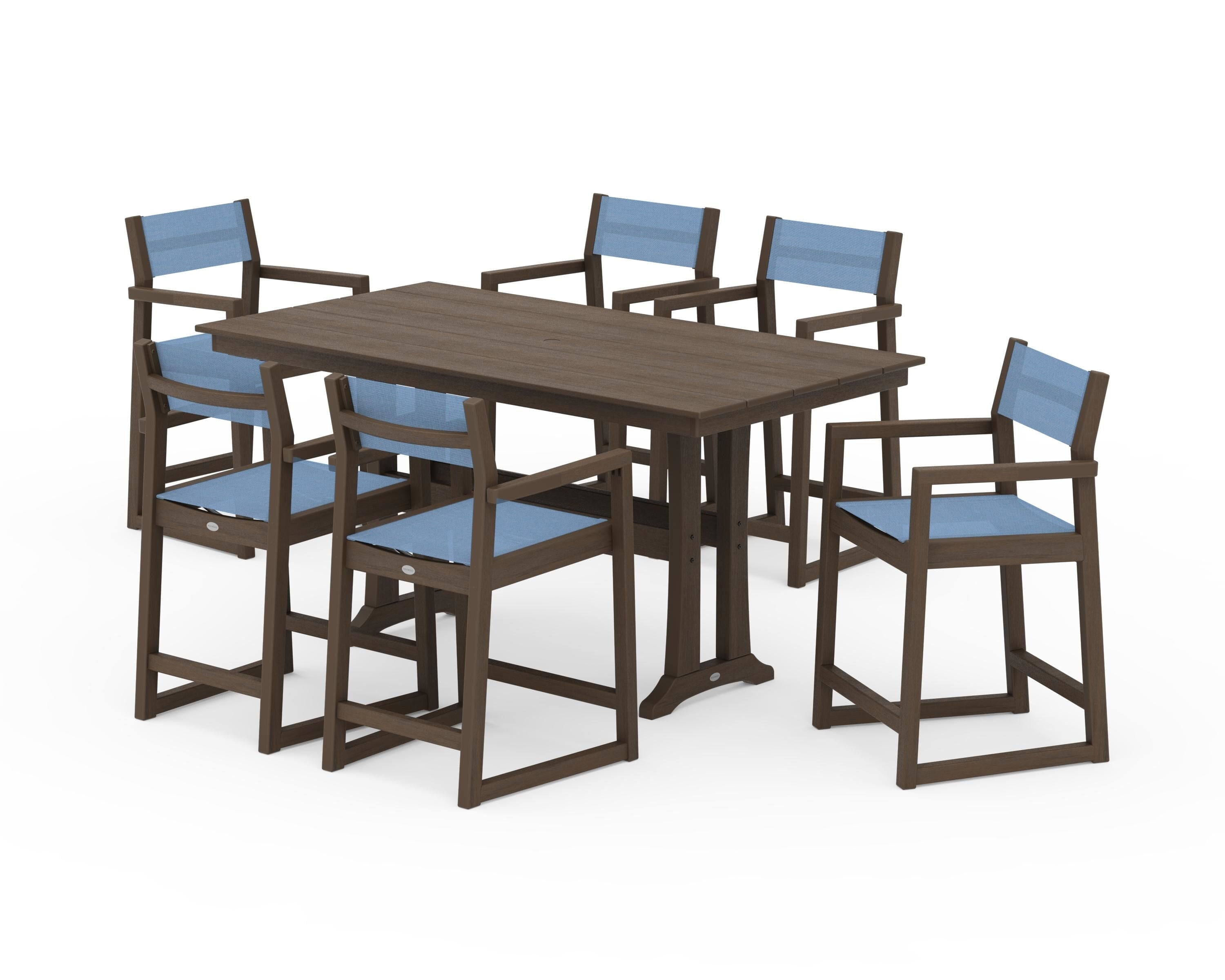 POLYWOOD EDGE Sling Arm Chair 7-Piece Farmhouse Counter Set with Trestle Legs in Kona / Poolside Sling
