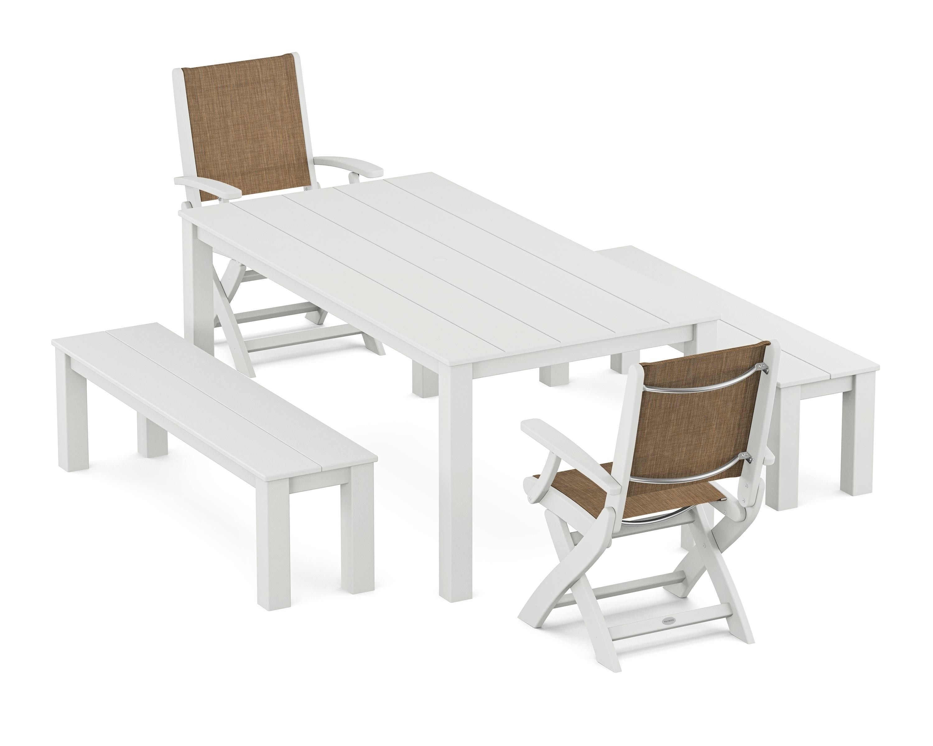 POLYWOOD Coastal Folding Chair 5-Piece Parsons Dining Set with Benches in White / Burlap Sling