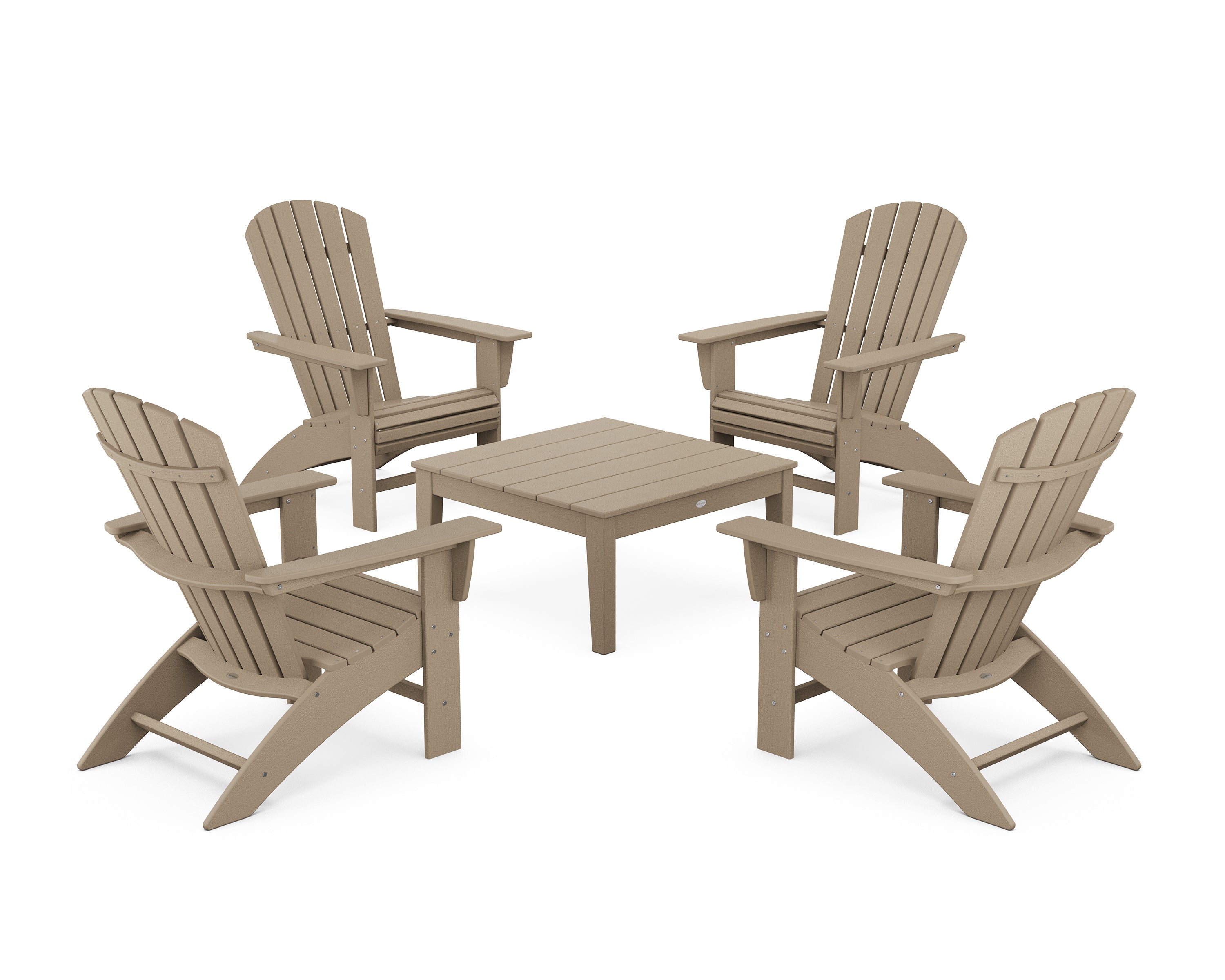 POLYWOOD 5-Piece Nautical Curveback Adirondack Chair Conversation Set with 36" Conversation Table in Vintage Sahara