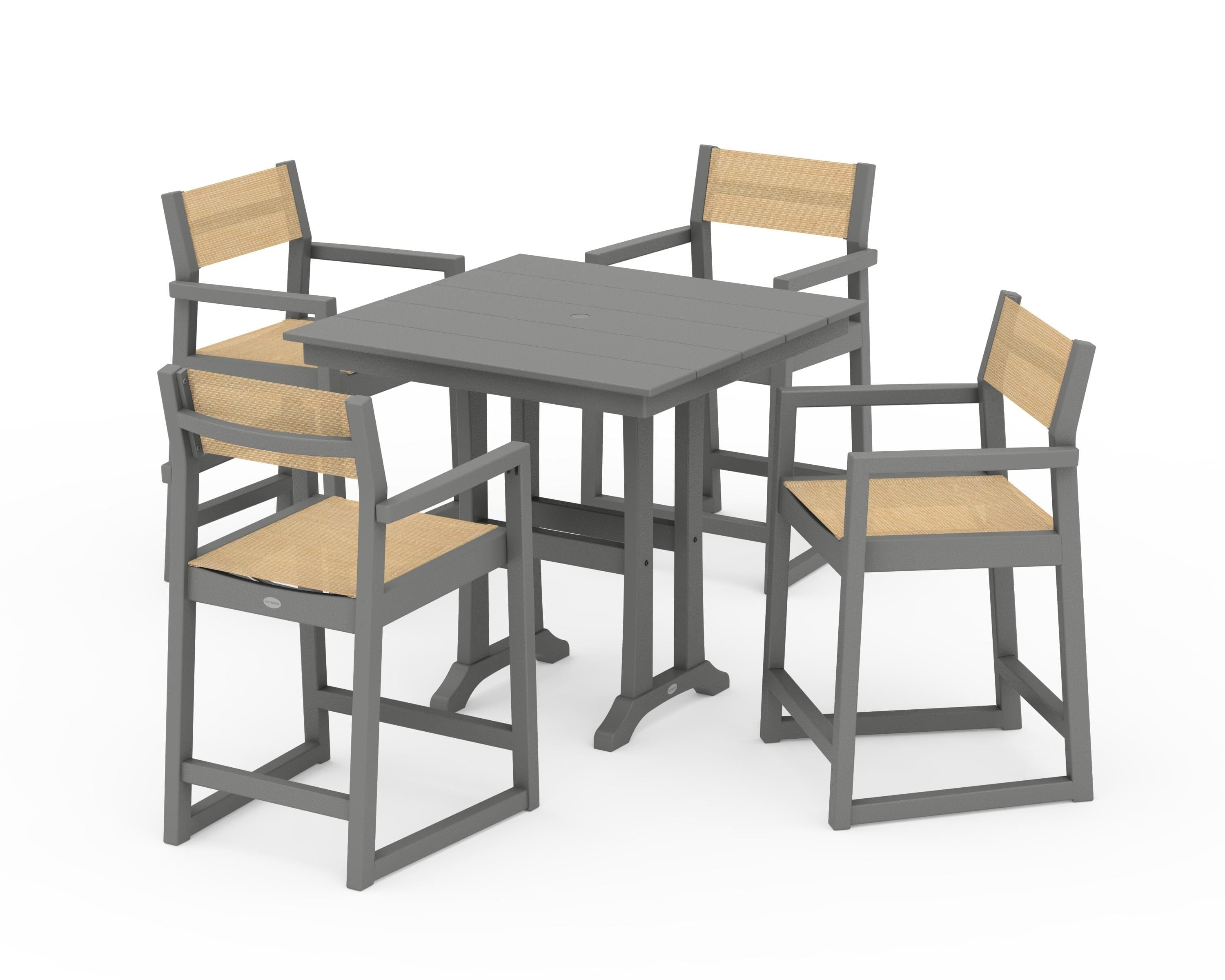 POLYWOOD EDGE Sling Arm Chair 5-Piece Farmhouse Counter Set with Trestle Legs in Slate Grey / Dupioni Apricot Sling