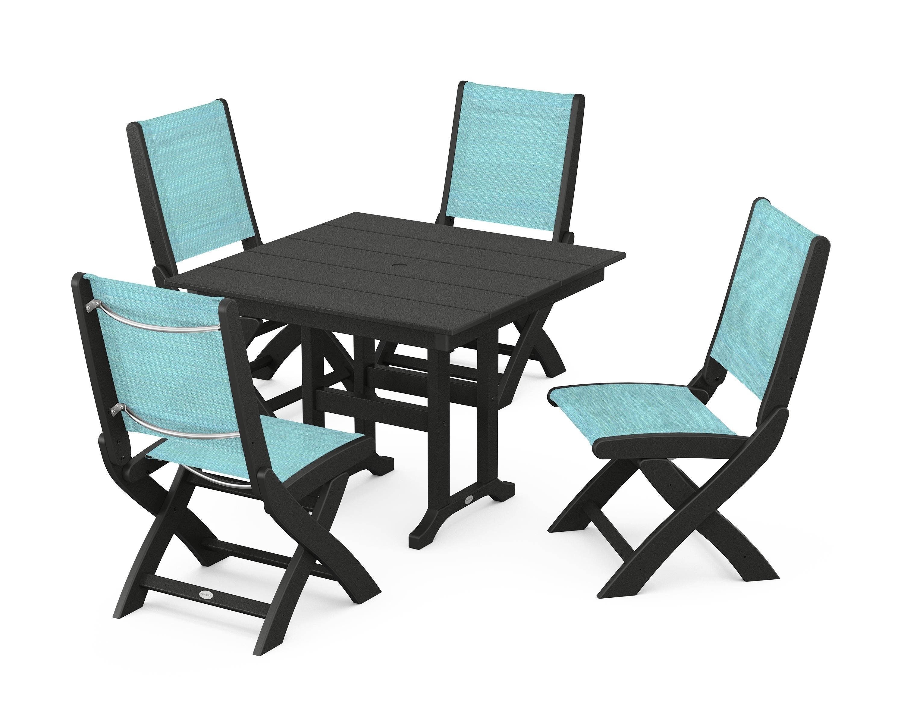 POLYWOOD Coastal Folding Side Chair 5-Piece Farmhouse Dining Set in Black / Dupioni Aquamarine Sling