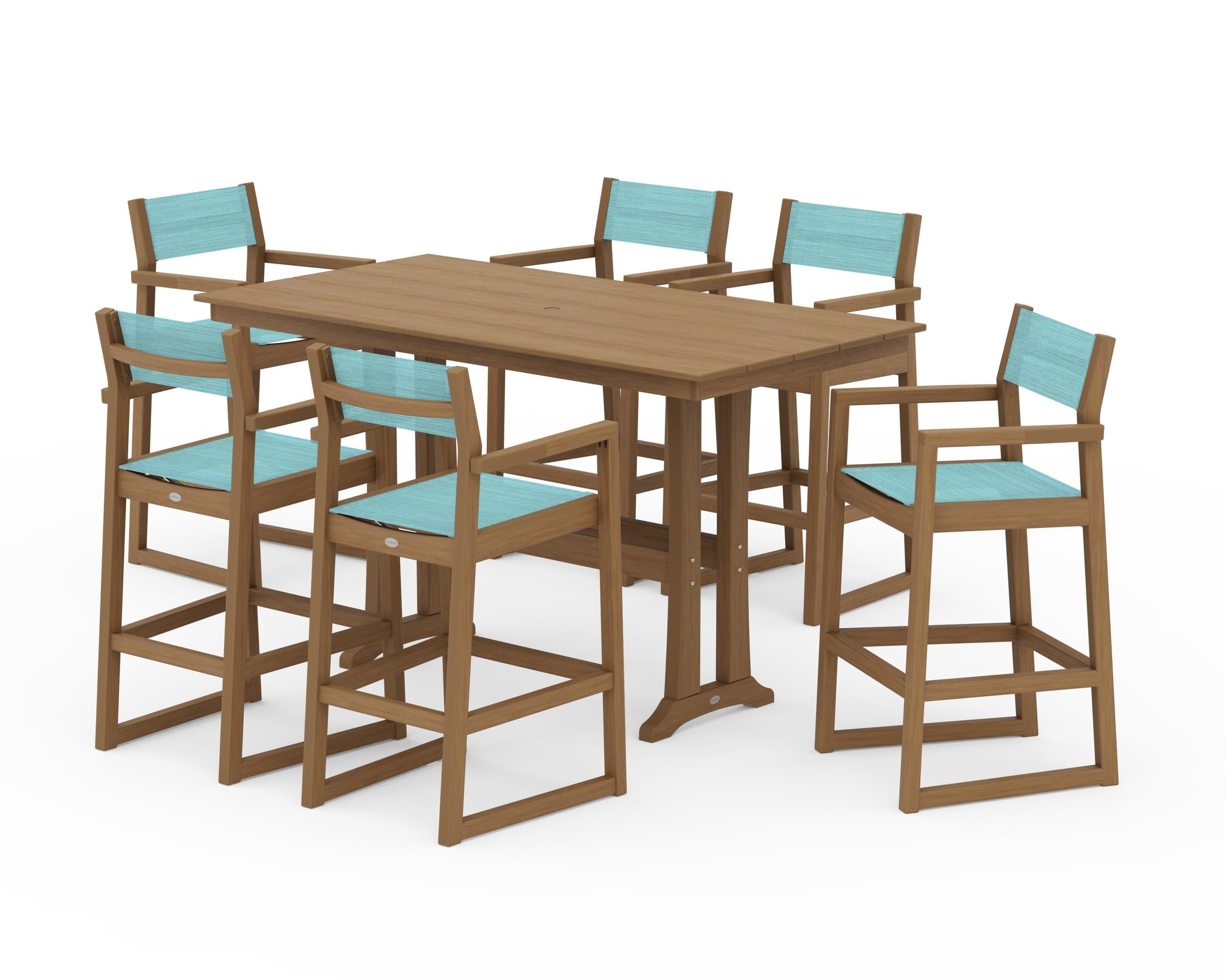 POLYWOOD EDGE Sling Arm Chair 7-Piece Farmhouse Bar Set with Trestle Legs in Natural / Dupioni Aquamarine Sling