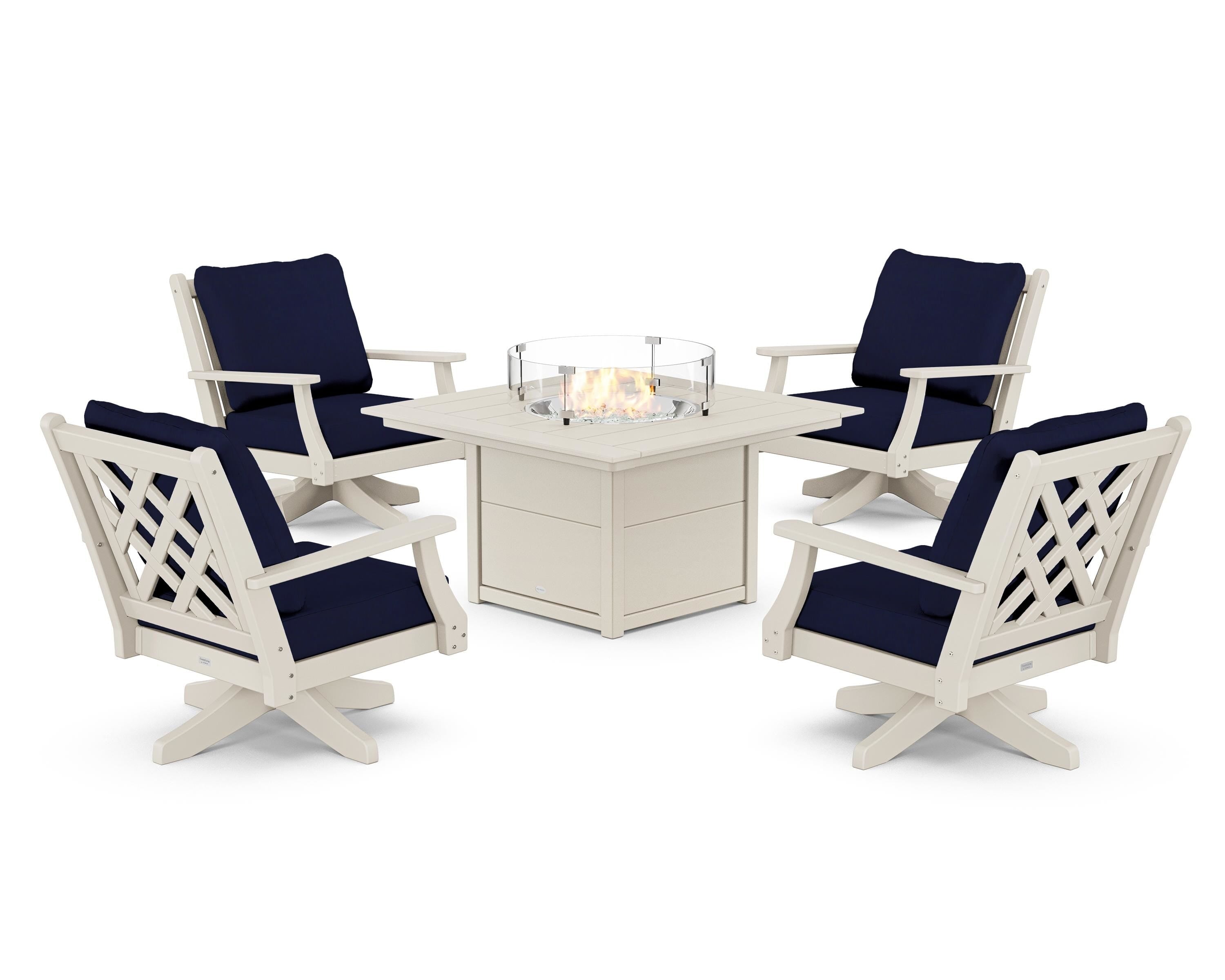 Country Living Wovendale 5-Piece Deep Seating Swivel Conversation Set with Fire Pit Table in Sand / Navy