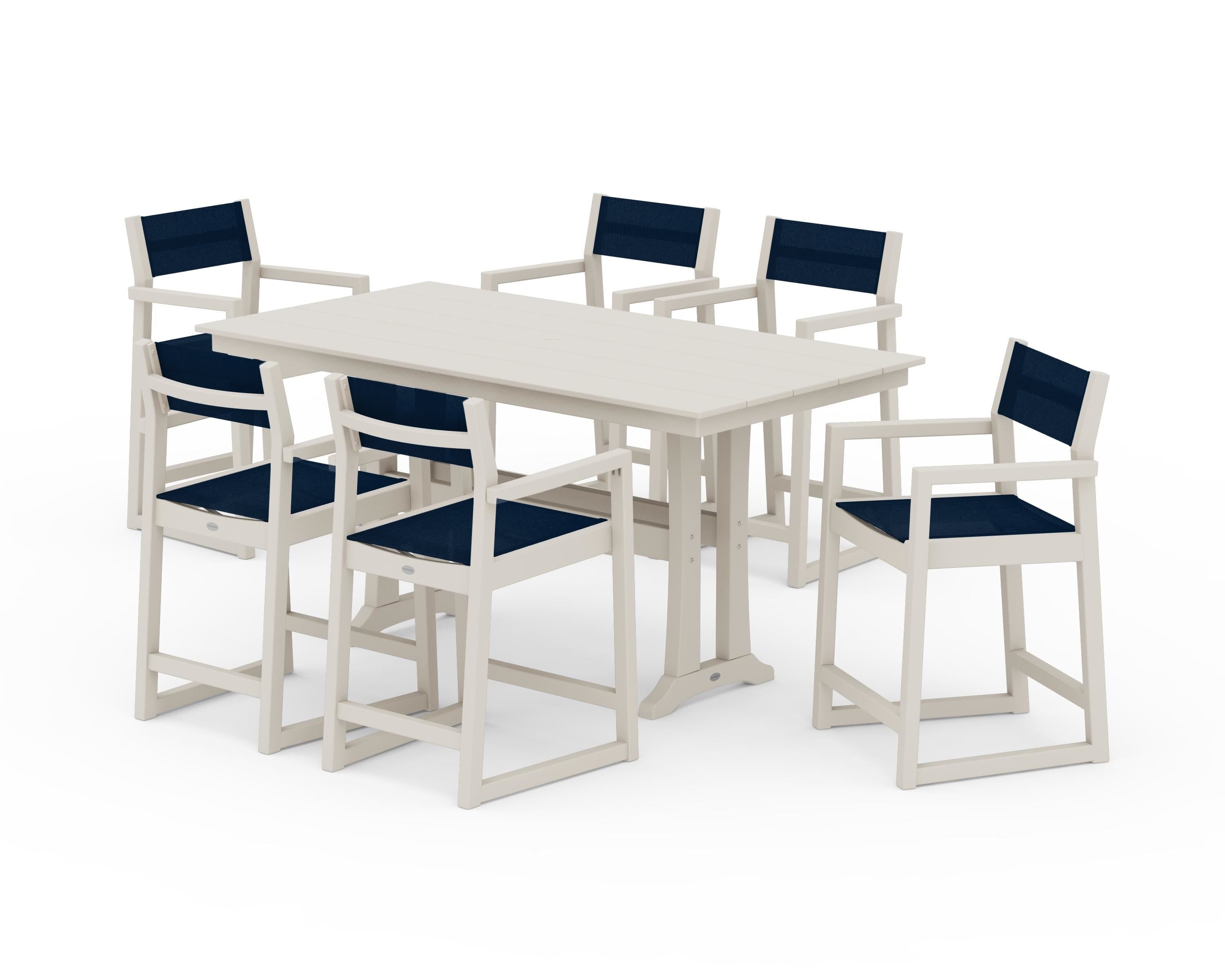 POLYWOOD EDGE Sling Arm Chair 7-Piece Farmhouse Counter Set with Trestle Legs in Sand / Navy Blue Sling