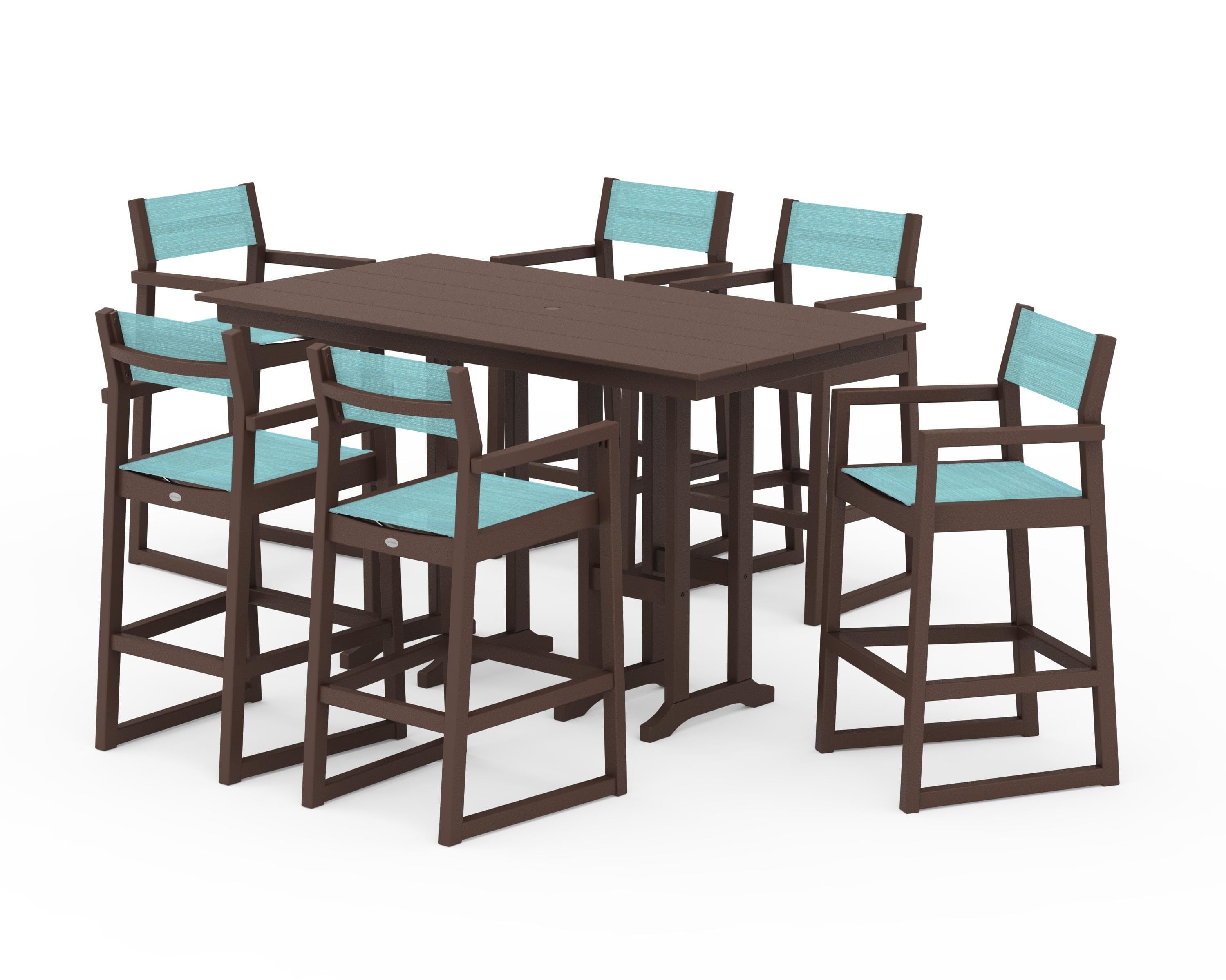 POLYWOOD EDGE Sling Arm Chair 7-Piece Farmhouse Bar Set in Mahogany / Dupioni Aquamarine Sling