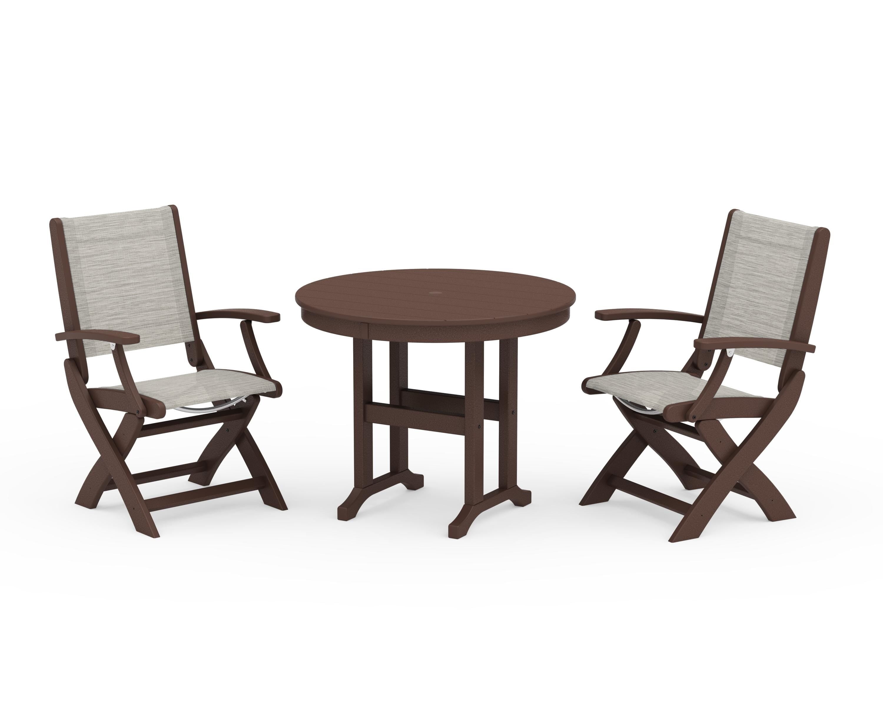 POLYWOOD Coastal Folding Chair 3-Piece Round Dining Set in Mahogany / Birch Sling