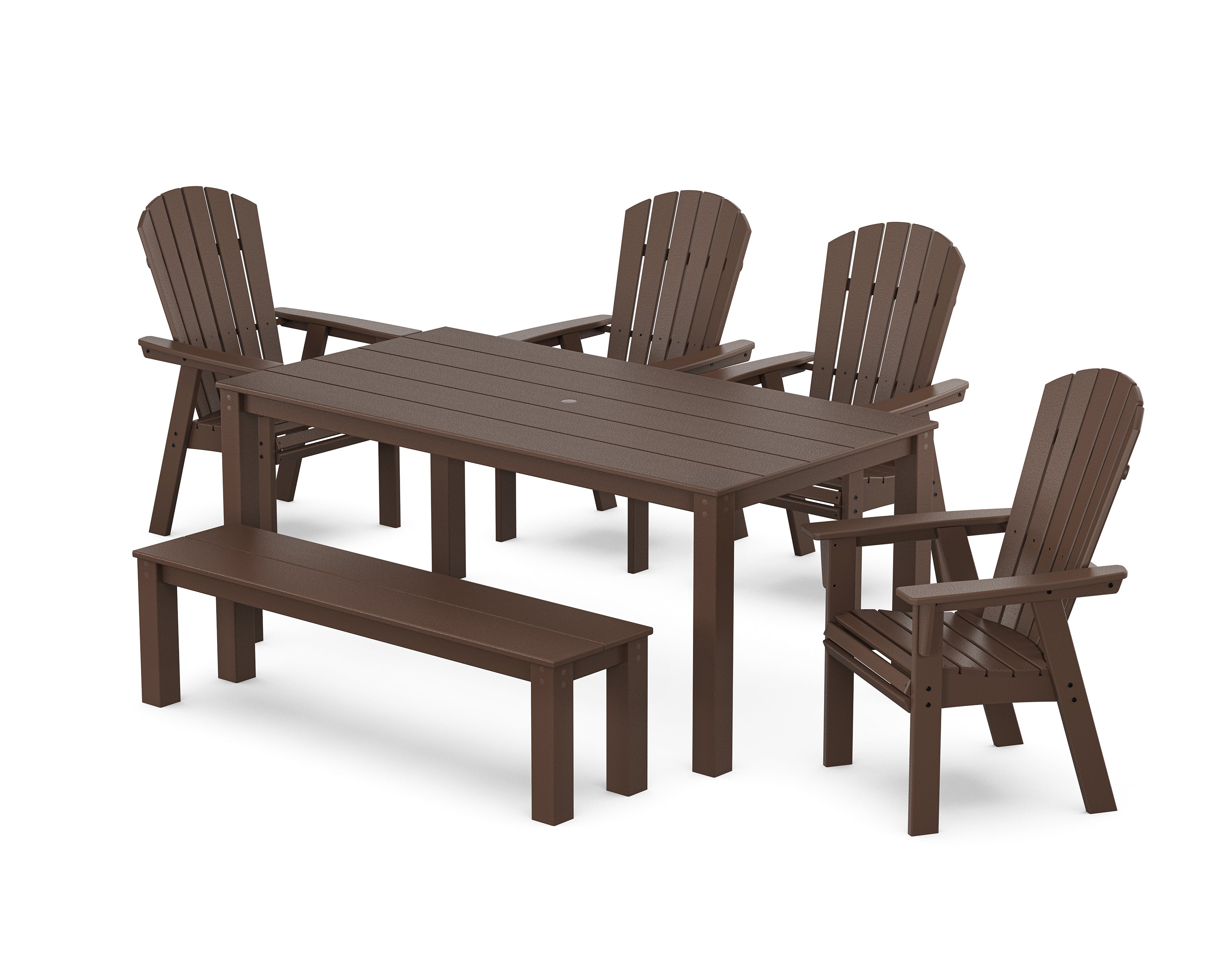 POLYWOOD Nautical Curveback Adirondack 6-Piece Parsons Dining Set with Bench in Mahogany