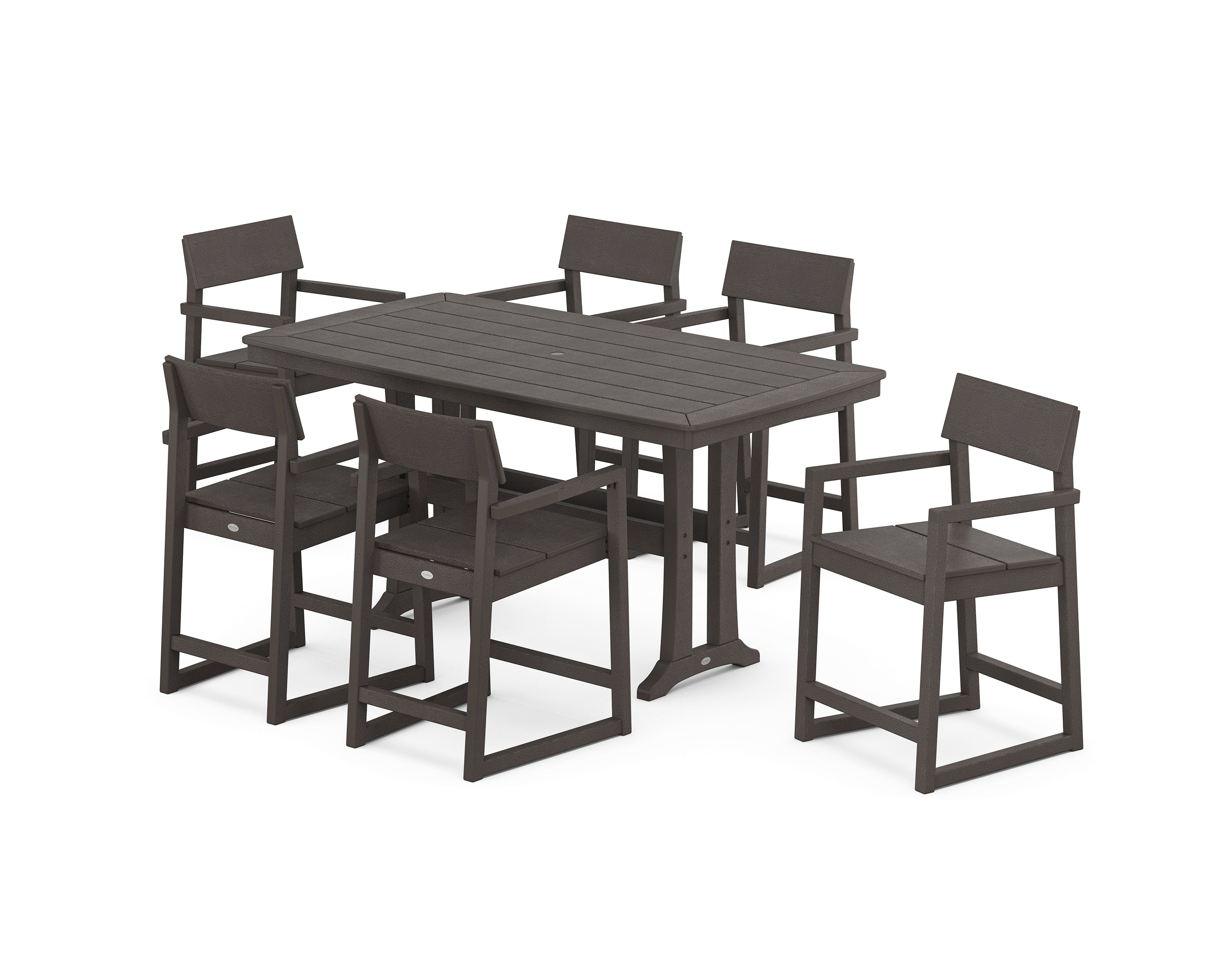 POLYWOOD EDGE Arm Chair 7-Piece Counter Set with Trestle Legs in Vintage Coffee