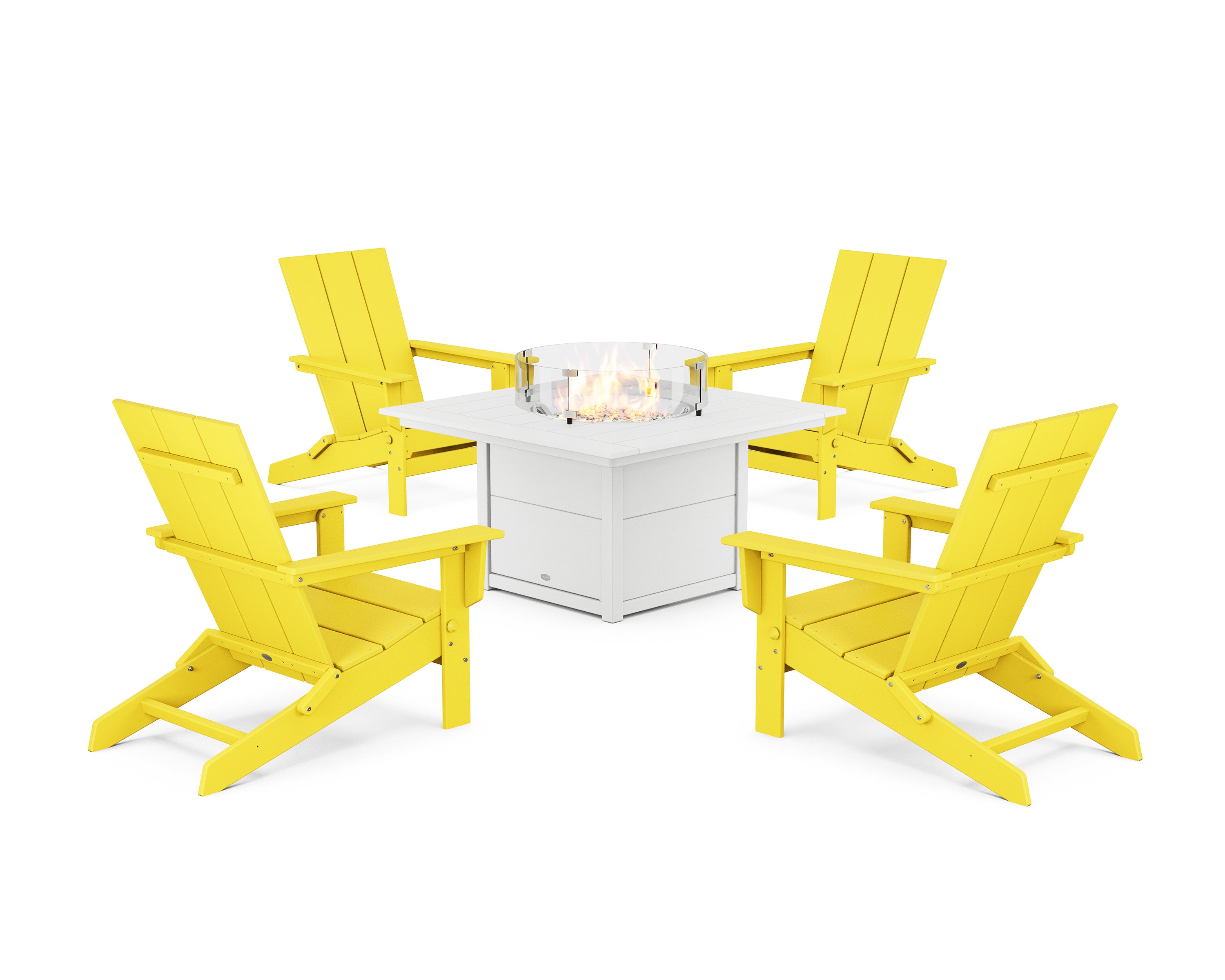 POLYWOOD 5-Piece Modern Studio Folding Adirondack Conversation Set with Fire Pit Table in Lemon / White