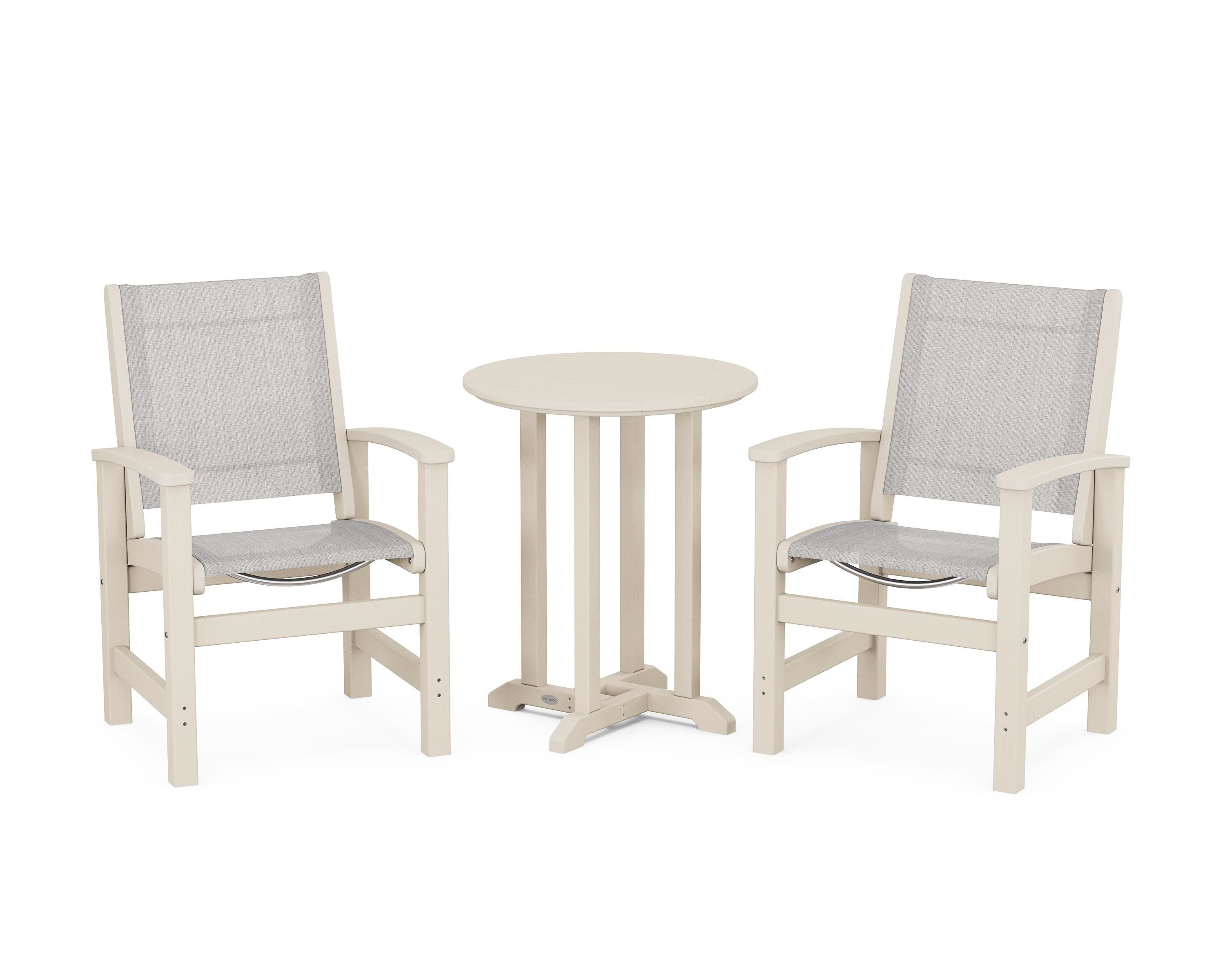 POLYWOOD Coastal 3-Piece Round Bistro Dining Set in Sand / Parchment Sling