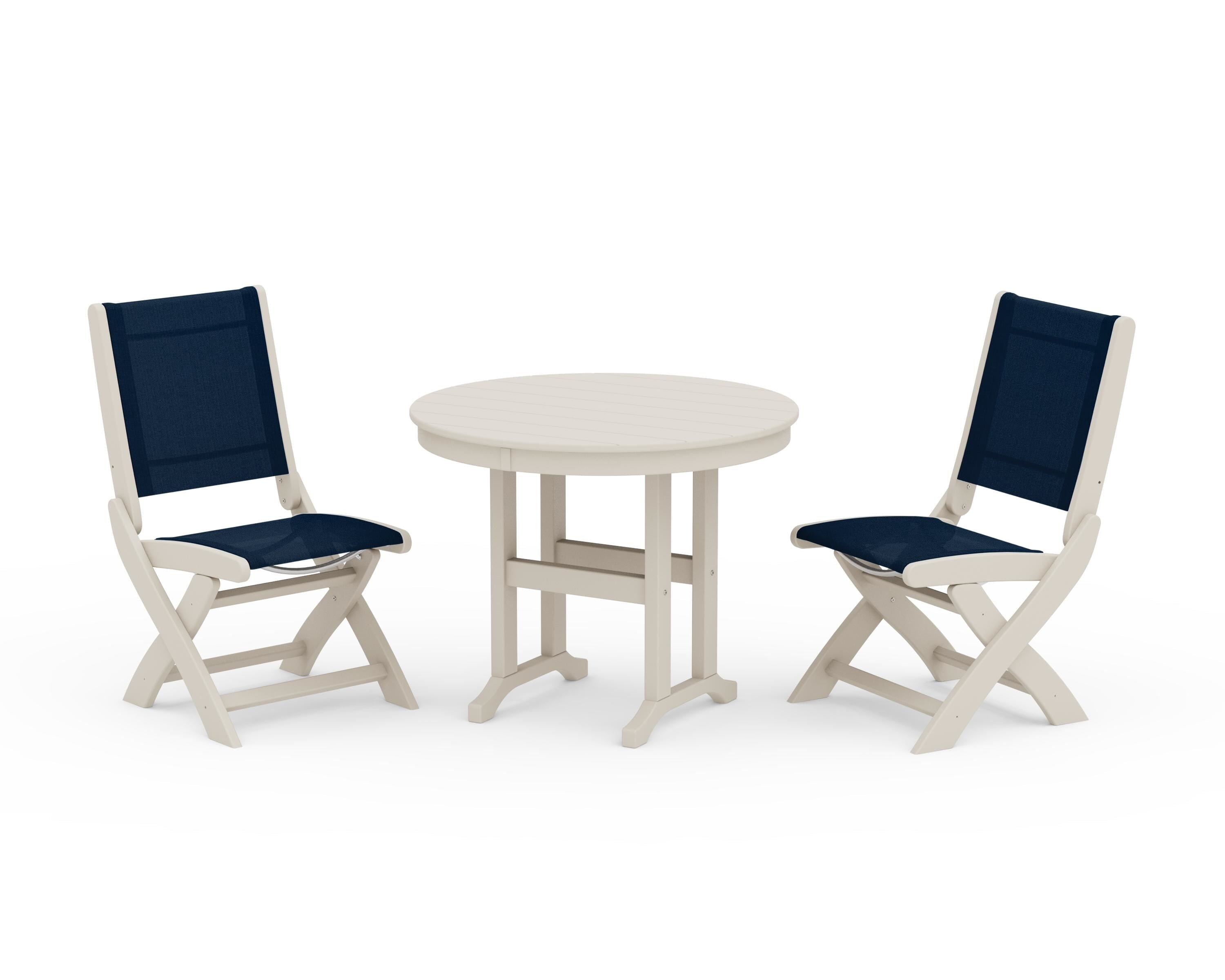POLYWOOD Coastal Folding Side Chair 3-Piece Round Dining Set in Sand / Navy Blue Sling