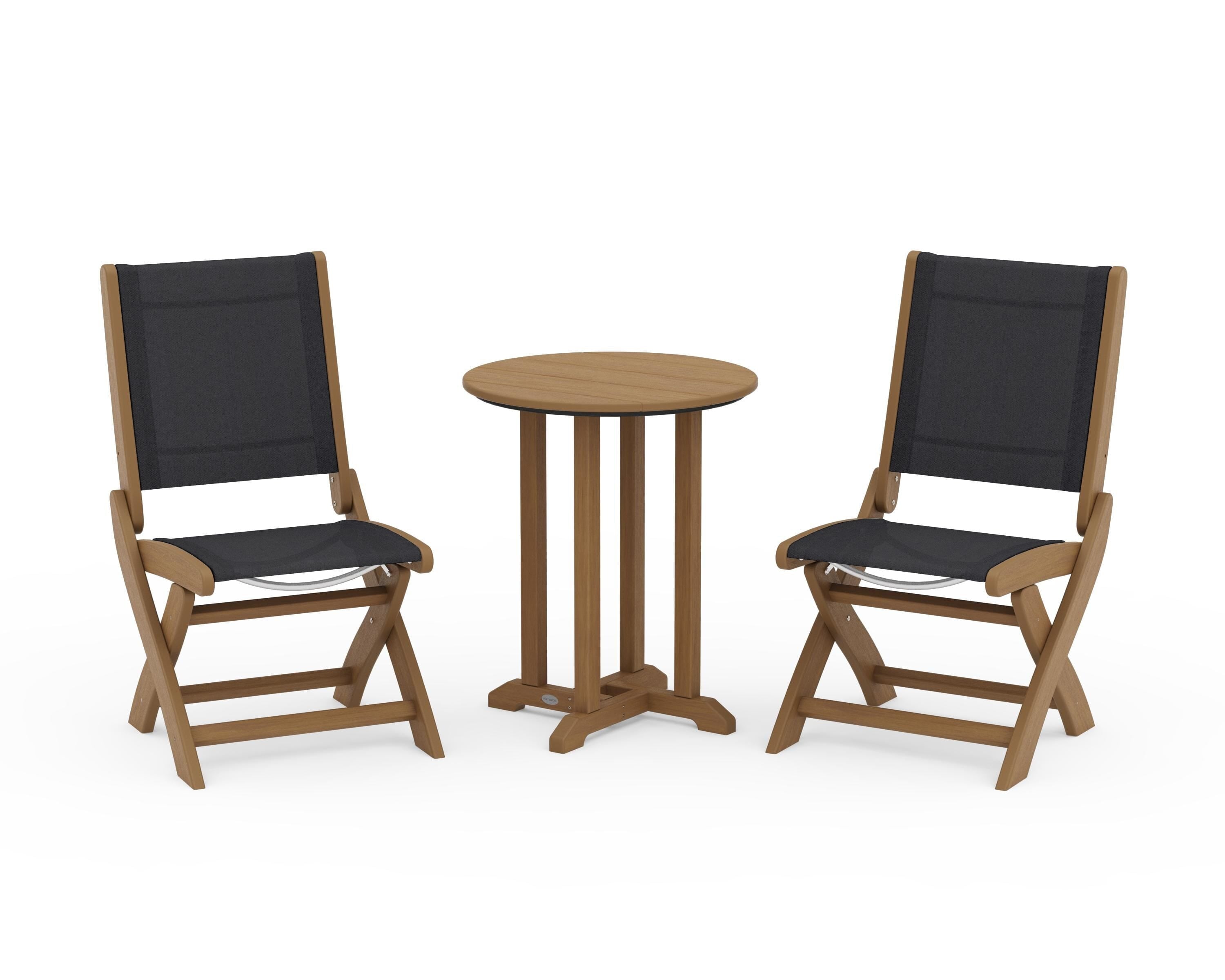 POLYWOOD Coastal Folding Side Chair 3-Piece Round Bistro Dining Set in Natural / Black Sling