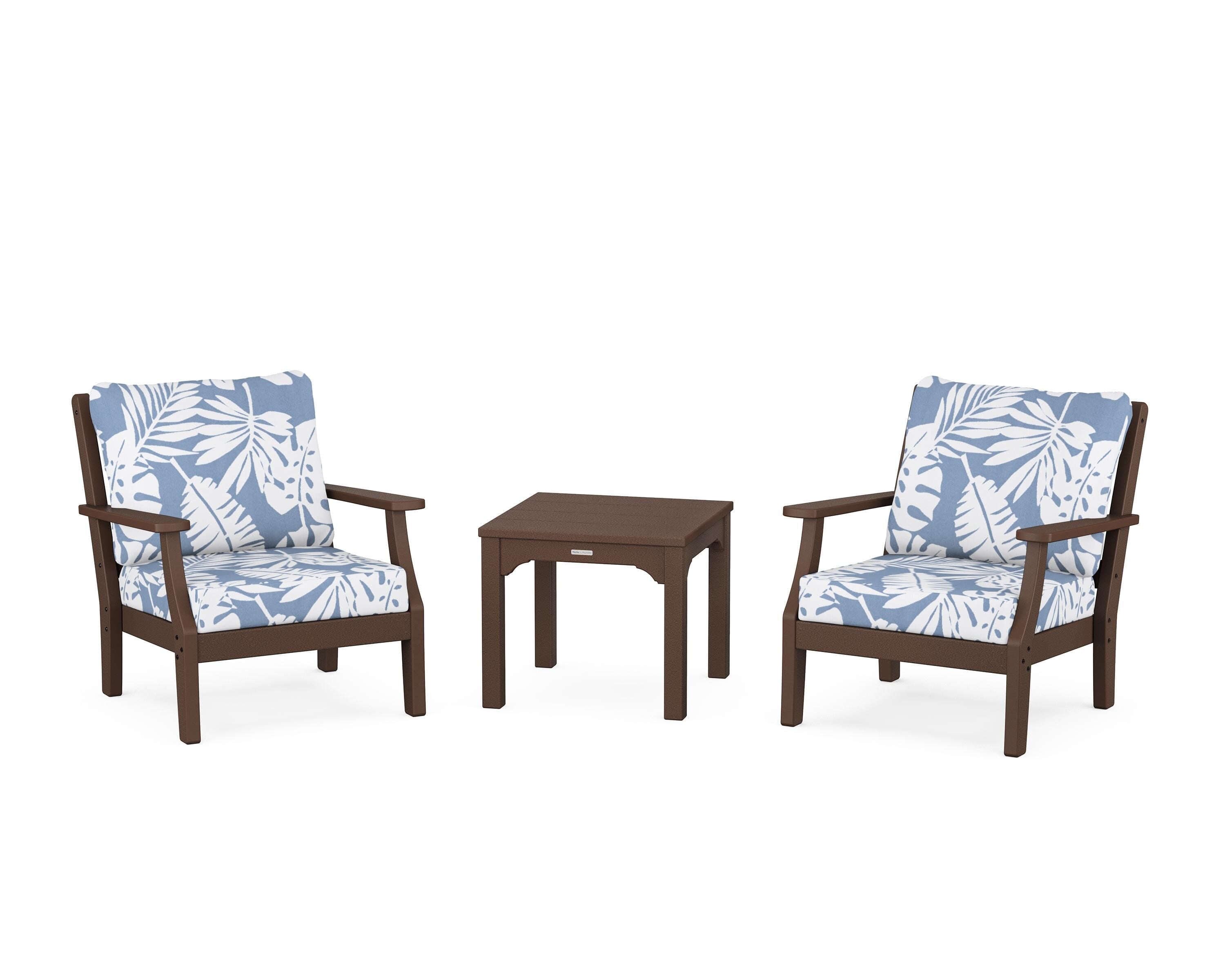 Martha Stewart by POLYWOOD Chinoiserie 3-Piece Deep Seating Set in Mahogany / Leaf Sky Blue