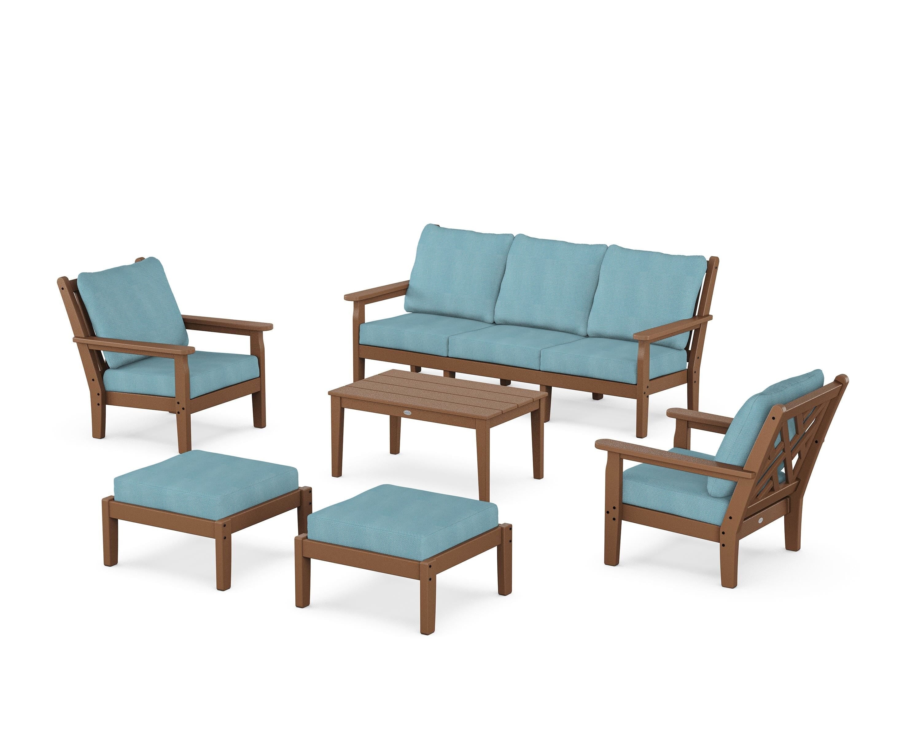 POLYWOOD Chippendale 6-Piece Lounge Sofa Set in Teak / Lattice Sky Blue