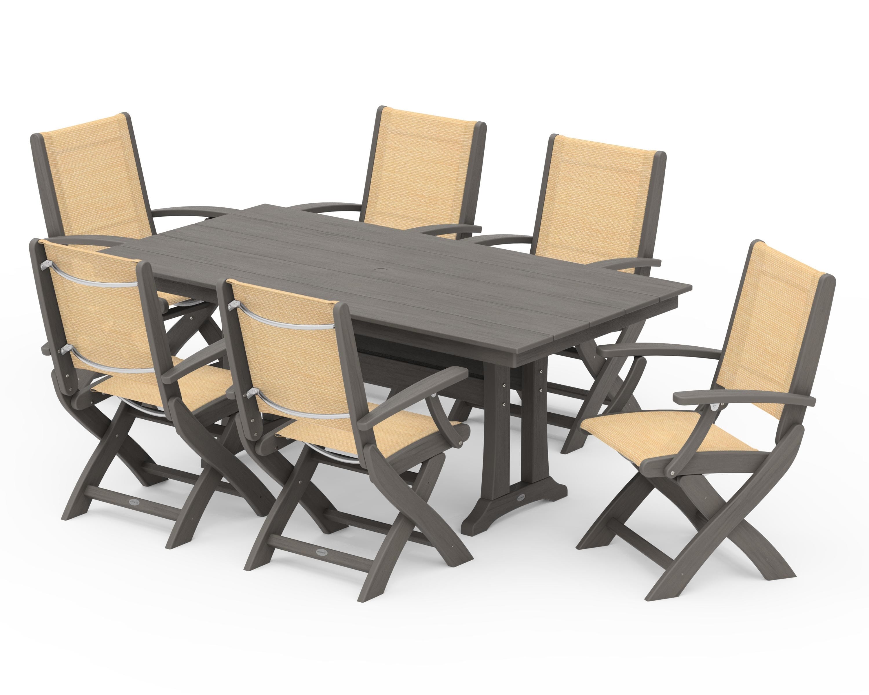 POLYWOOD Coastal Folding Arm Chair 7-Piece Farmhouse Dining Set with Trestle Legs in Driftwood / Dupioni Apricot Sling