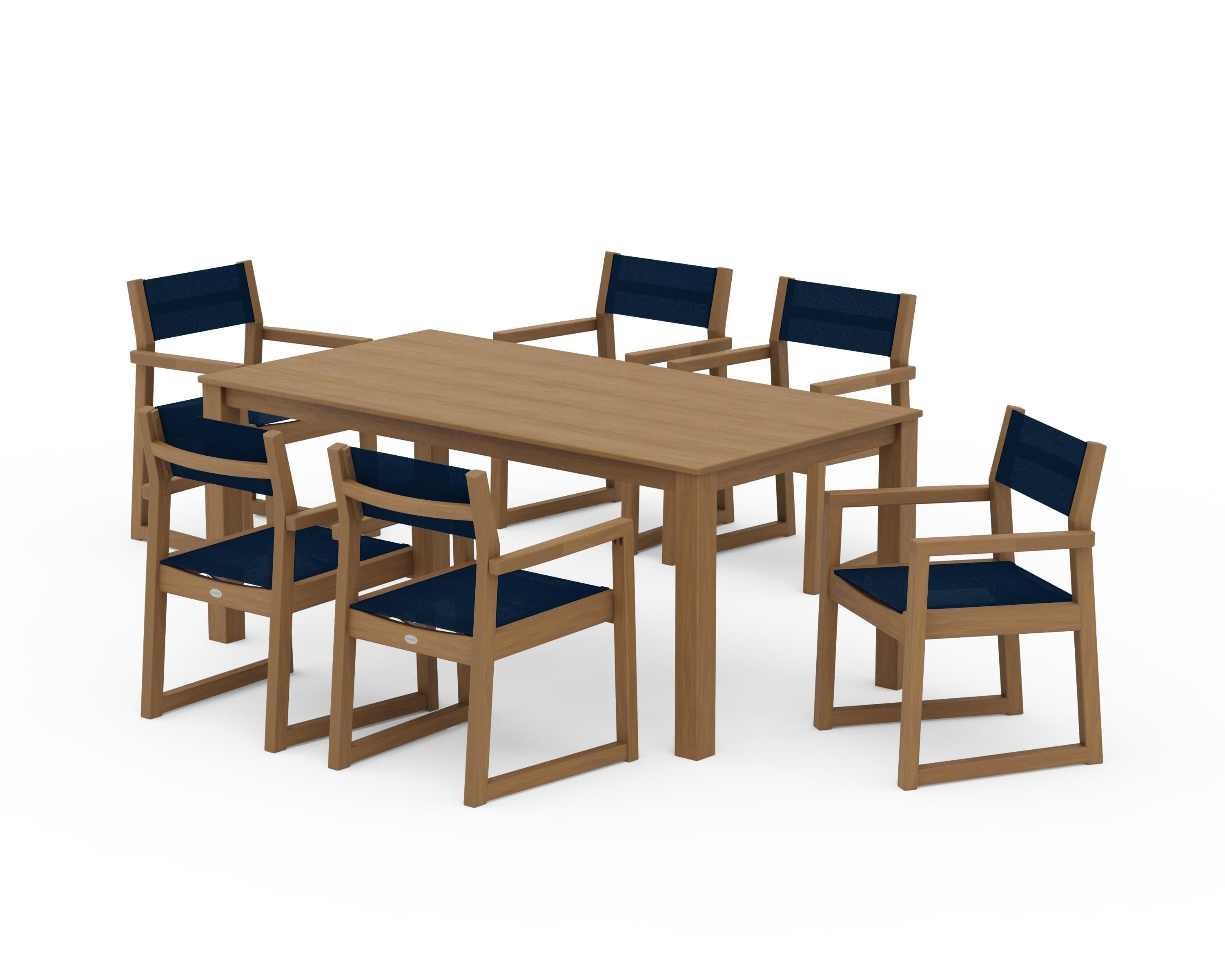 POLYWOOD EDGE Sling Arm Chair 7-Piece Parsons Dining Set in Natural / Navy Blue Sling