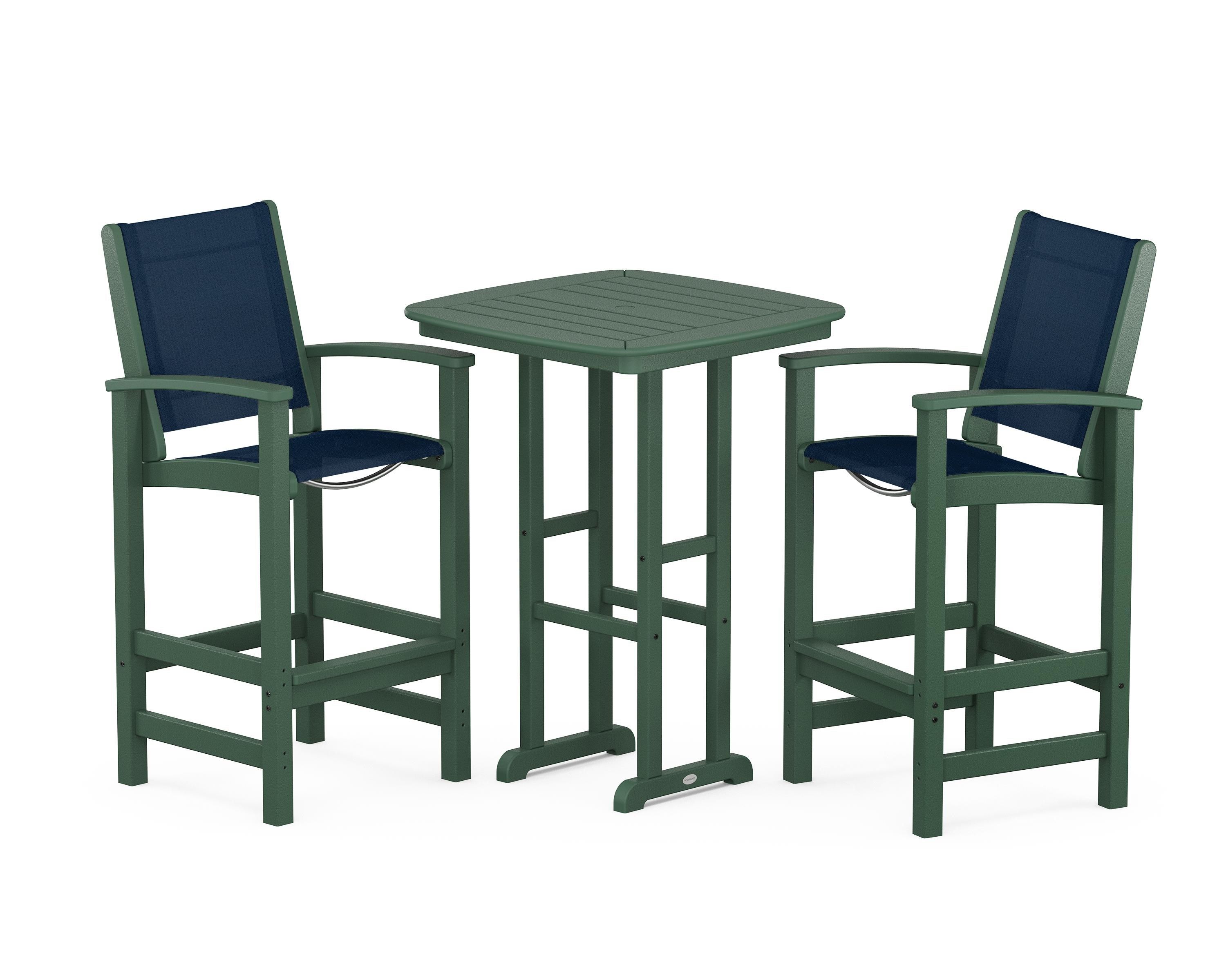 POLYWOOD Coastal 3-Piece Bar Set in Green / Navy Blue Sling
